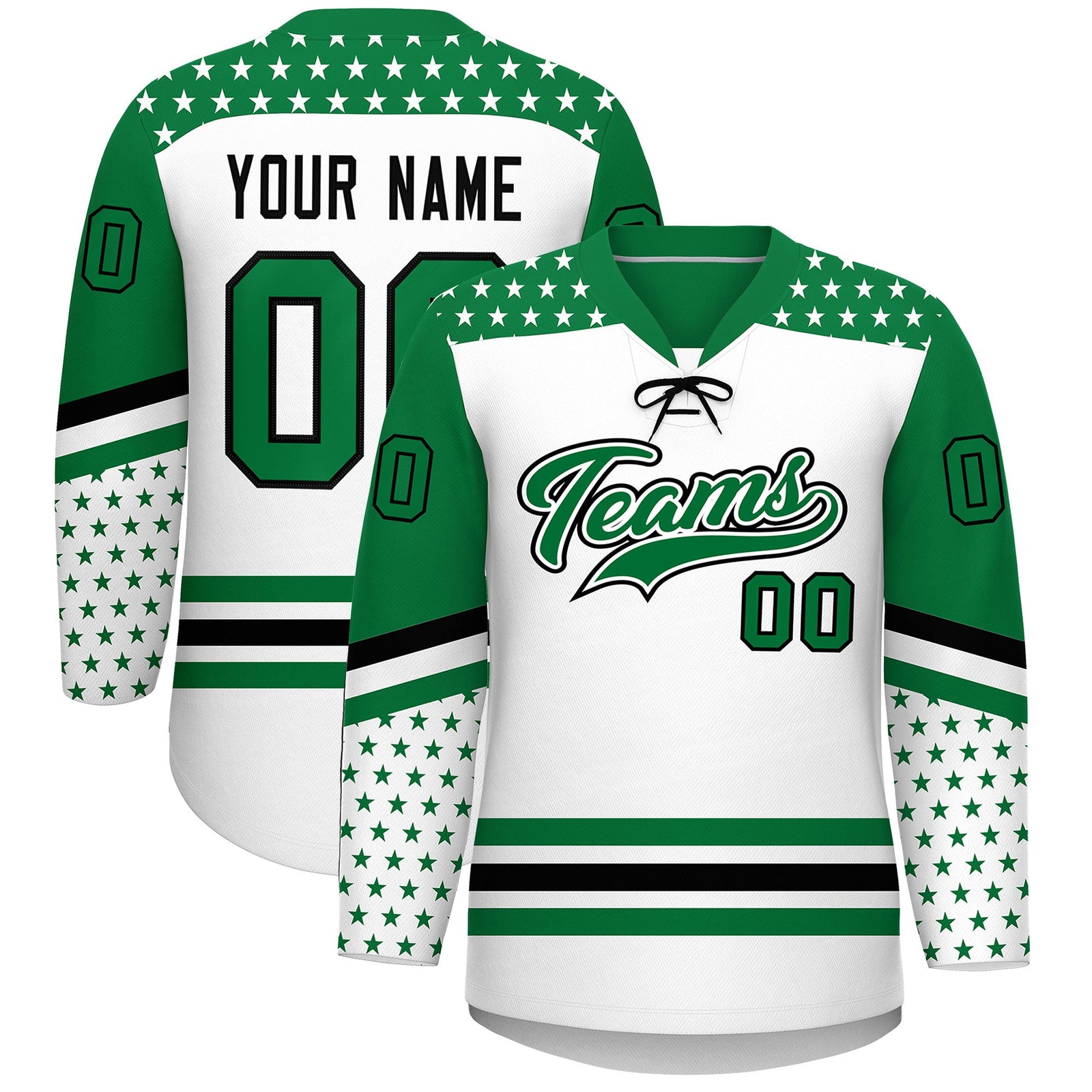 Custom White Kelly Green Black Star Series Personalization Lace-Up Neck Hockey Jersey| KXKSHOP