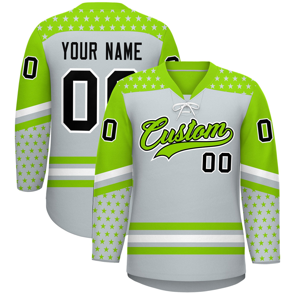 Custom Silver Neon Green White Star Series Personalization Lace-Up Neck Hockey Jersey| KXKSHOP