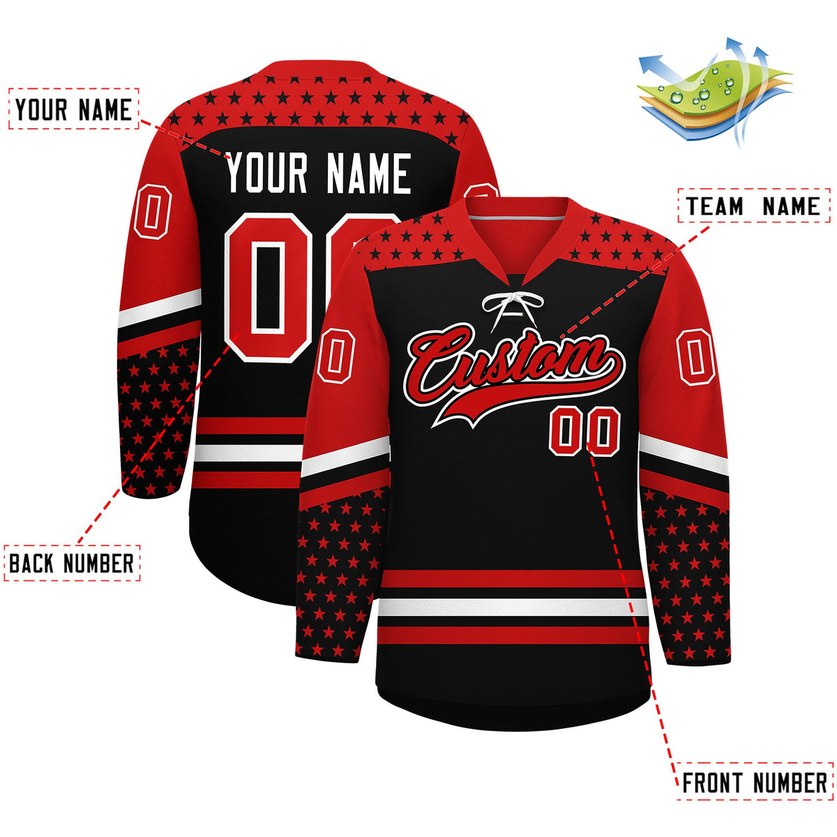 Custom Black Red White Star Series Personalization Lace-Up Neck Hockey Jersey| KXKSHOP