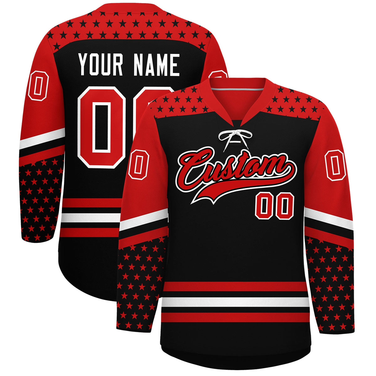 Custom Black Red White Star Series Personalization Lace-Up Neck Hockey Jersey| KXKSHOP
