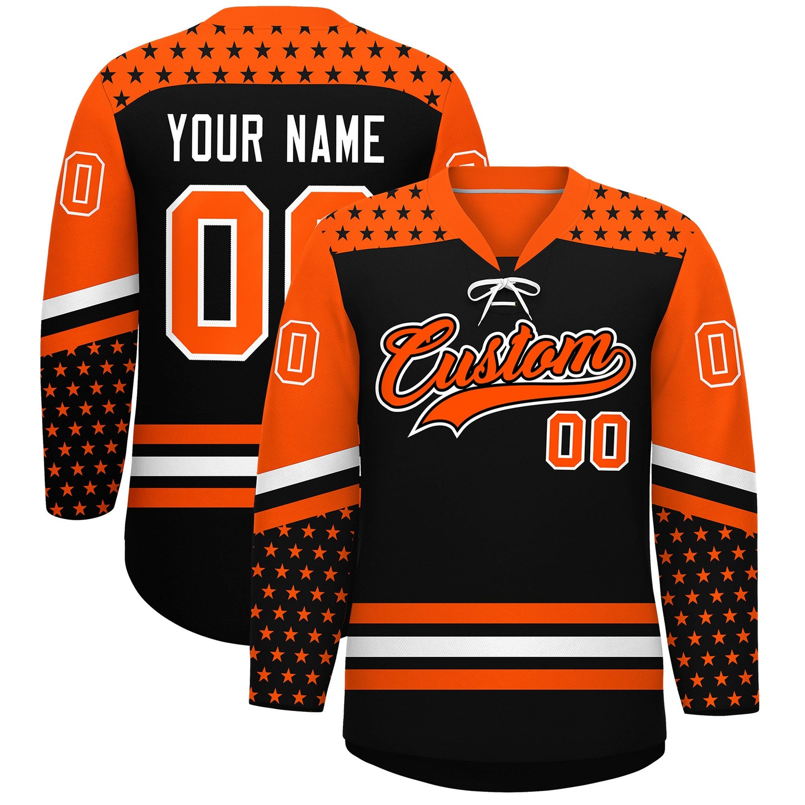 Custom Black Orange White Star Series Personalization Lace-Up Neck Hockey Jersey| KXKSHOP