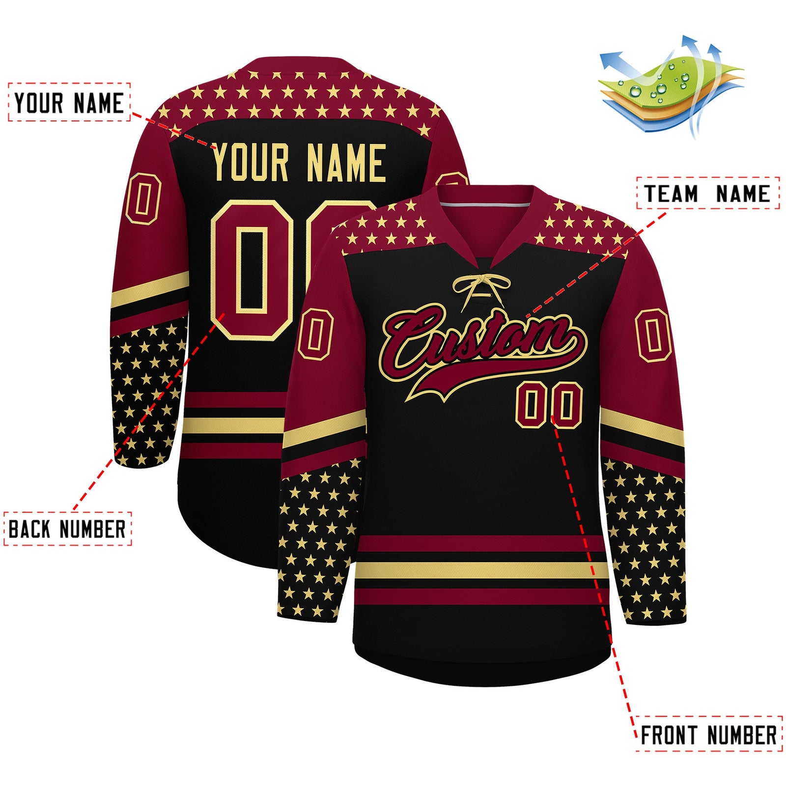 Custom Black Crimson Khaki Star Series Personalization Lace-Up Neck Hockey Jersey| KXKSHOP
