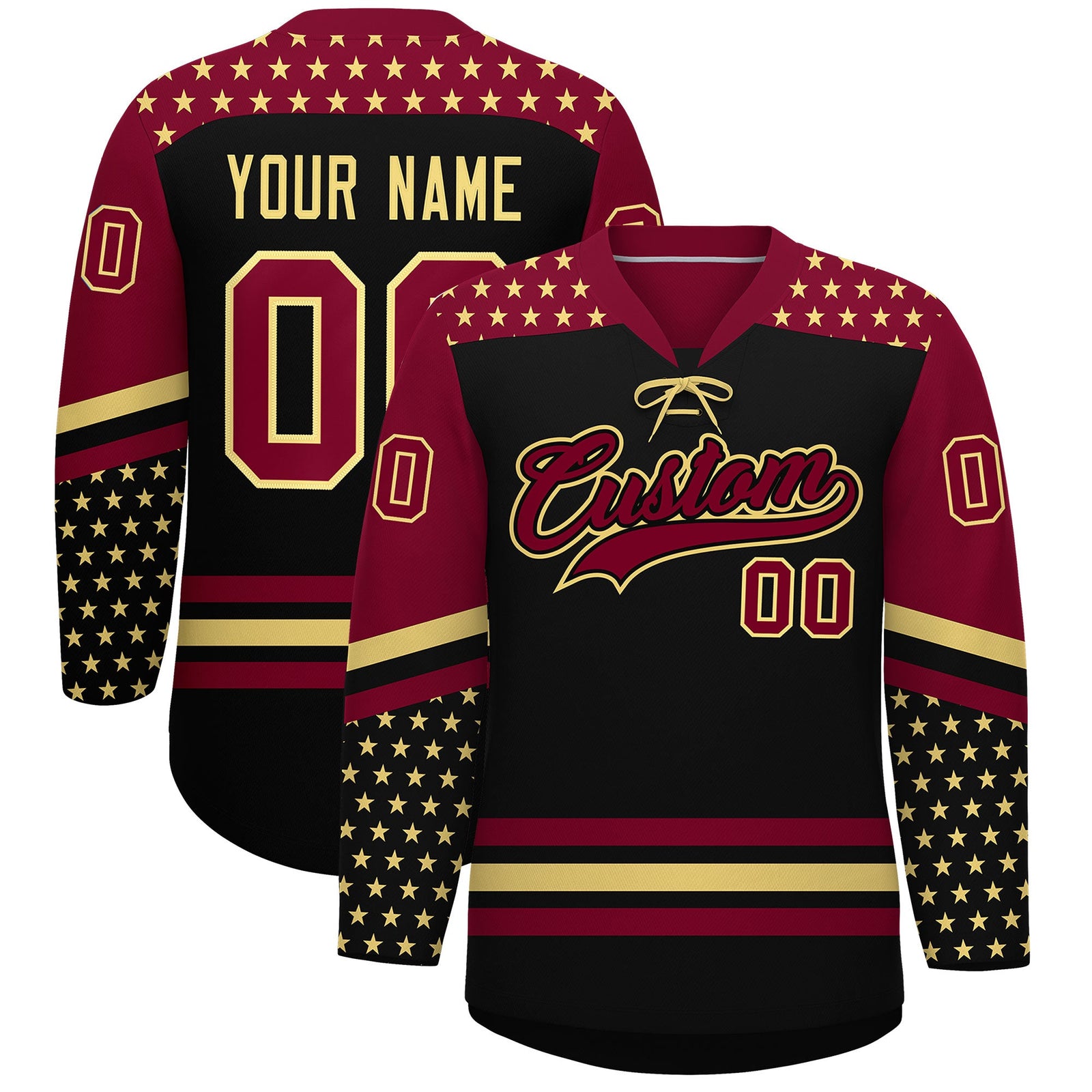 Custom Black Crimson Khaki Star Series Personalization Lace-Up Neck Hockey Jersey| KXKSHOP