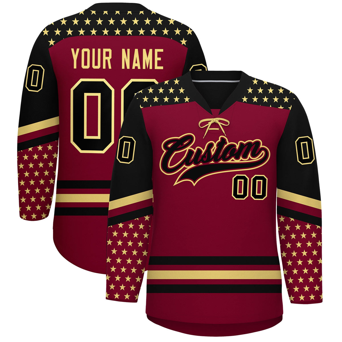 Custom Crimson Black Khaki Star Series Personalization Lace-Up Neck Hockey Jersey| KXKSHOP