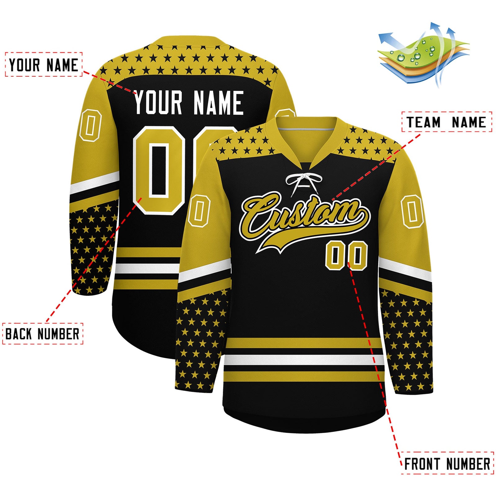 Custom Black Old Gold White Star Series Personalization Lace-Up Neck Hockey Jersey| KXKSHOP