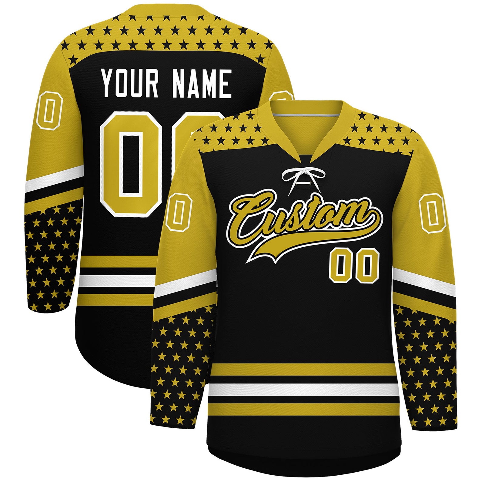 Custom Black Old Gold White Star Series Personalization Lace-Up Neck Hockey Jersey| KXKSHOP
