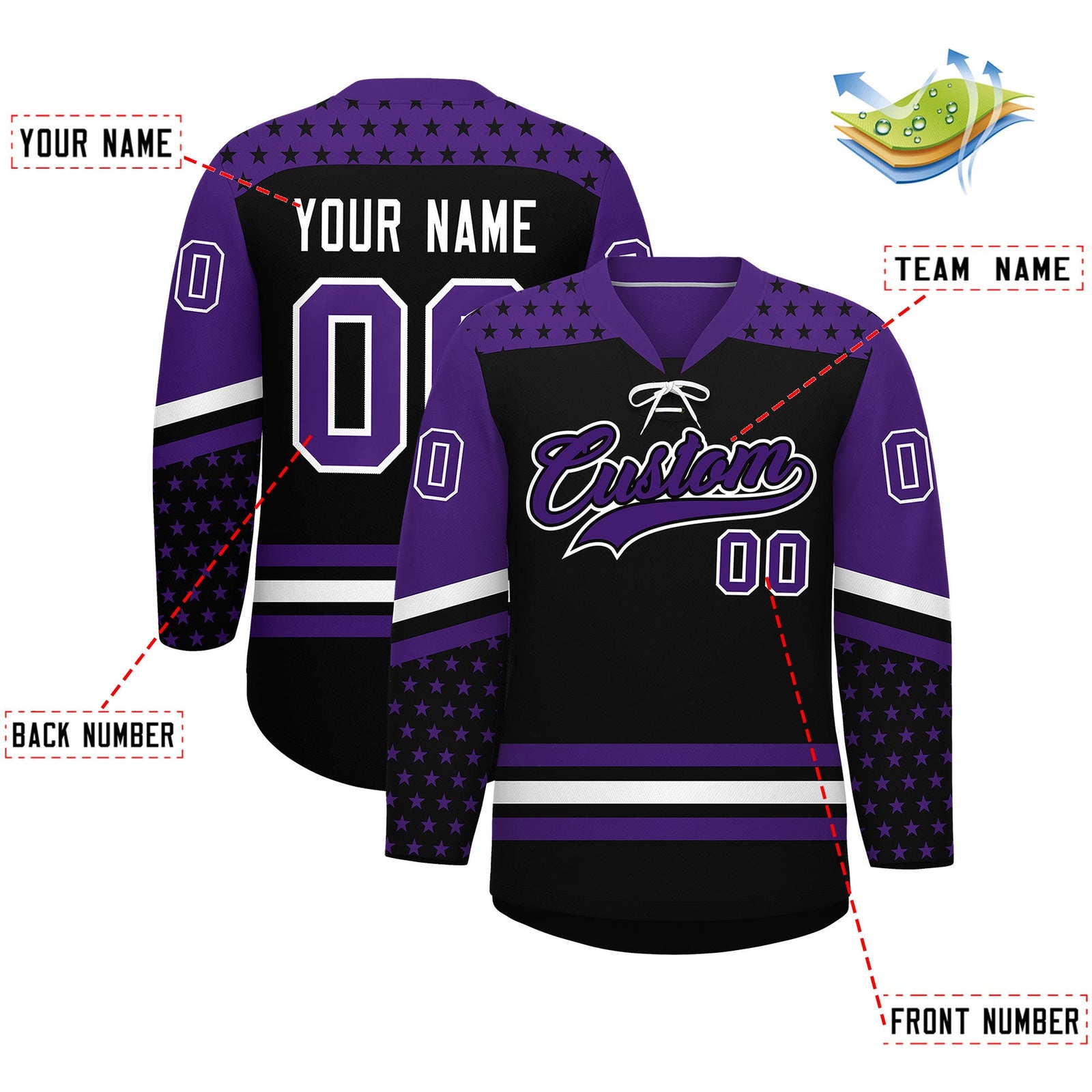 Custom Black Purple White Star Series Personalization Lace-Up Neck Hockey Jersey| KXKSHOP