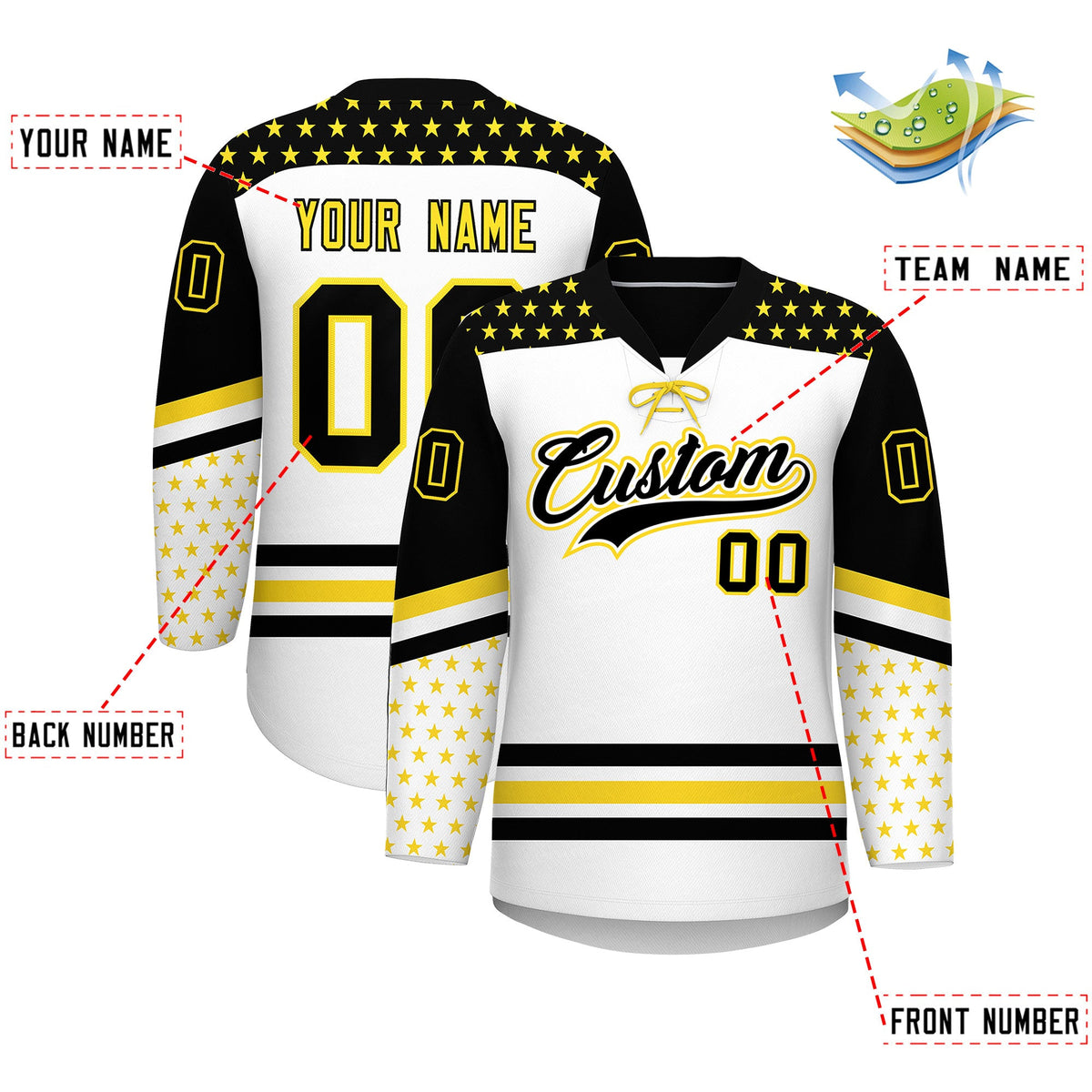 Custom White Black Gold Star Series Personalization Lace-Up Neck Hockey Jersey| KXKSHOP