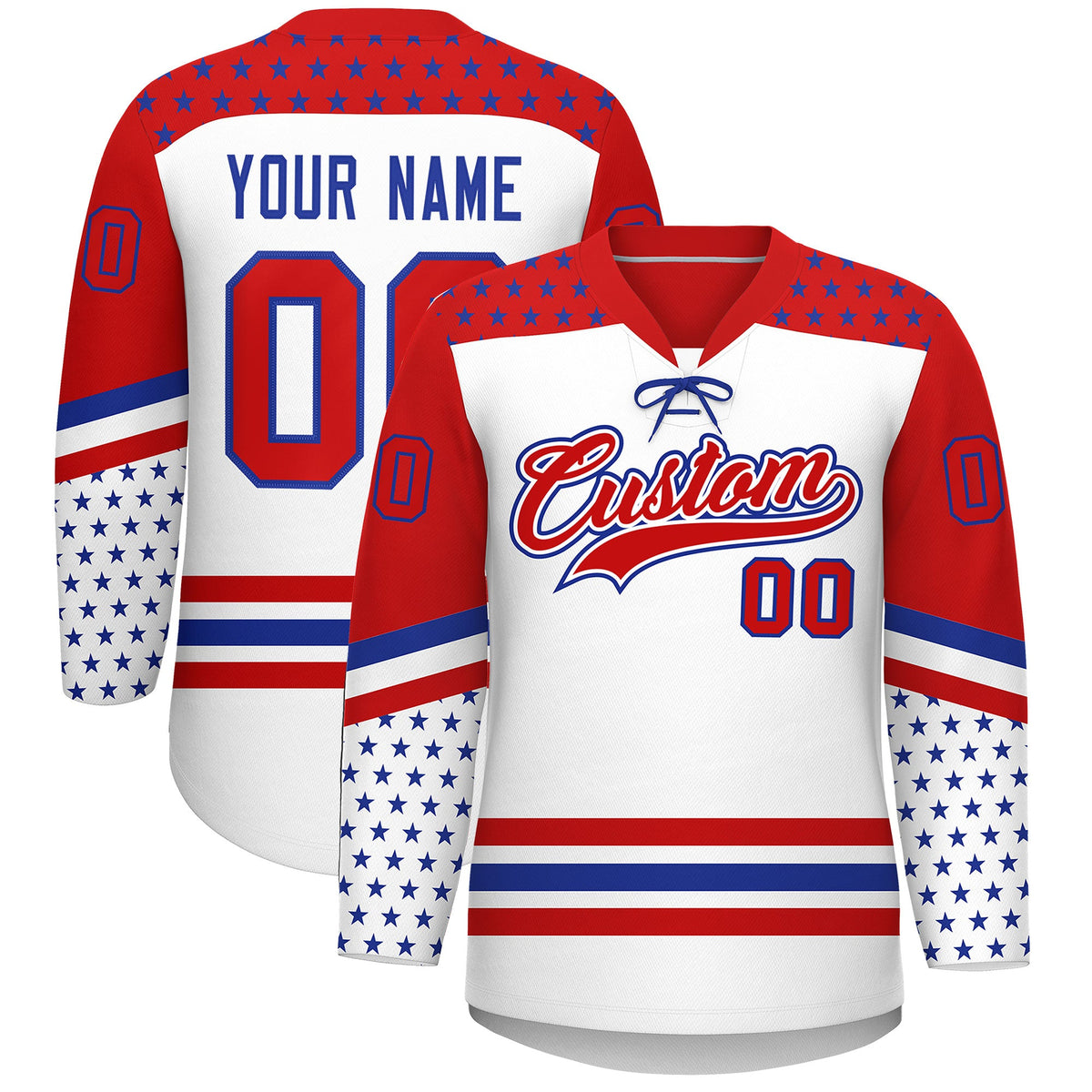 Custom White Red Royal Blue Star Series Personalization Lace-Up Neck Hockey Jersey| KXKSHOP
