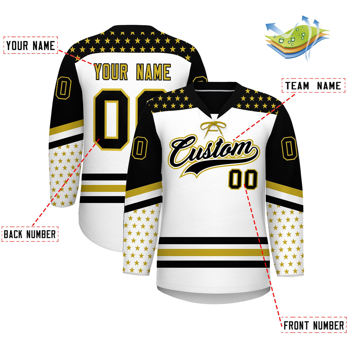 Custom White Black Old Gold Star Series Personalization Lace-Up Neck Hockey Jersey| KXKSHOP