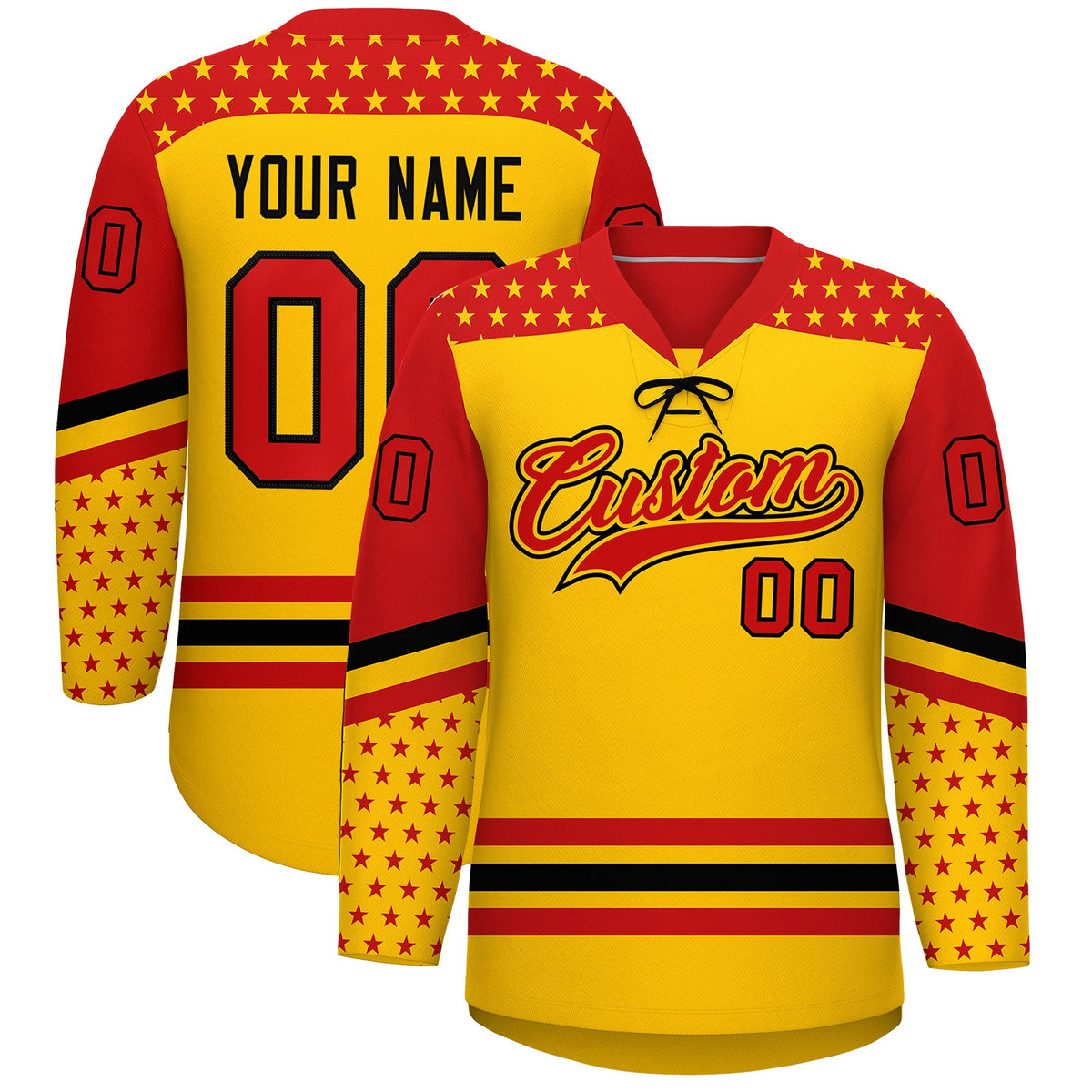 Custom Gold Red Black Star Series Personalization Lace-Up Neck Hockey Jersey| KXKSHOP