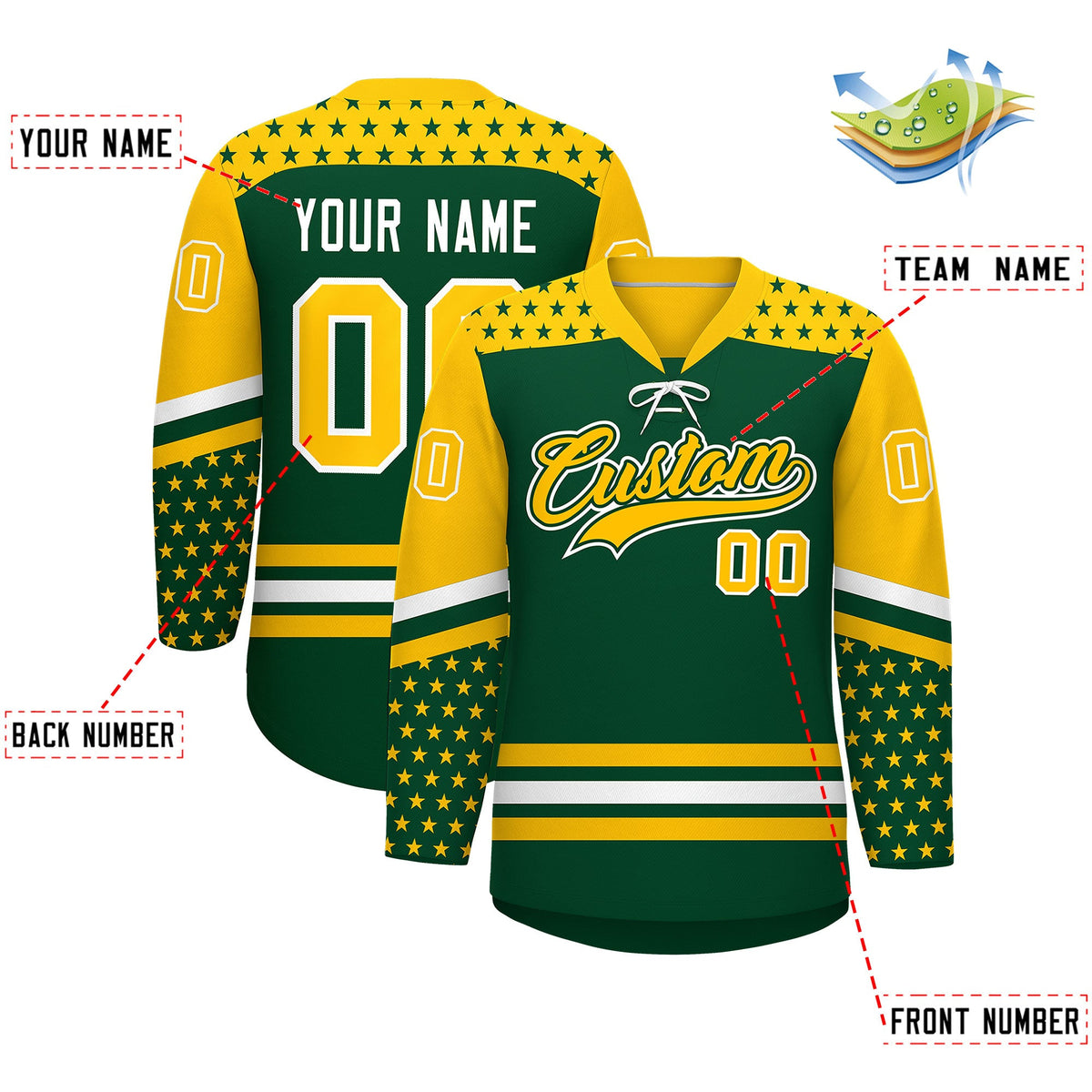 Custom Green Gold White Star Series Personalization Lace-Up Neck Hockey Jersey| KXKSHOP