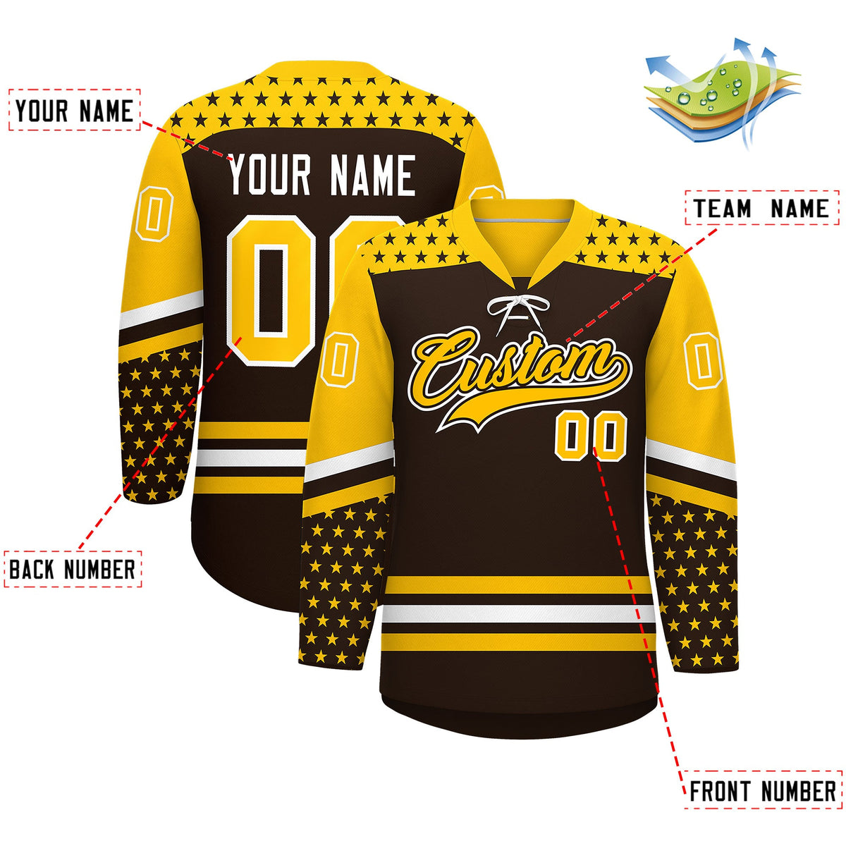 Custom Brown Gold White Star Series Personalization Lace-Up Neck Hockey Jersey| KXKSHOP