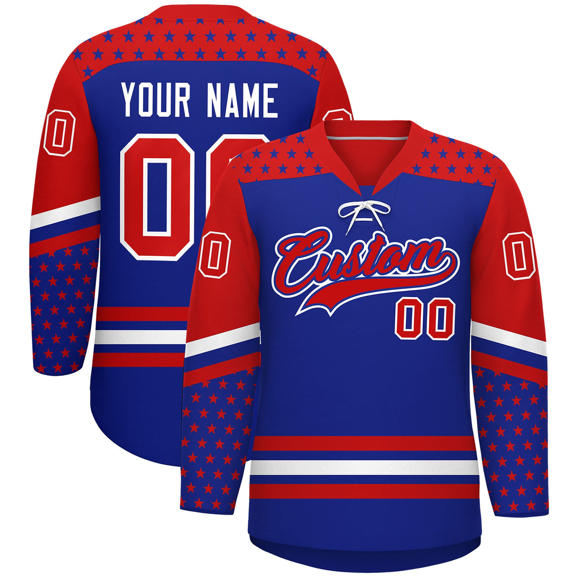 Custom Royal Blue Red White Star Series Personalization Lace-Up Neck Hockey Jersey| KXKSHOP