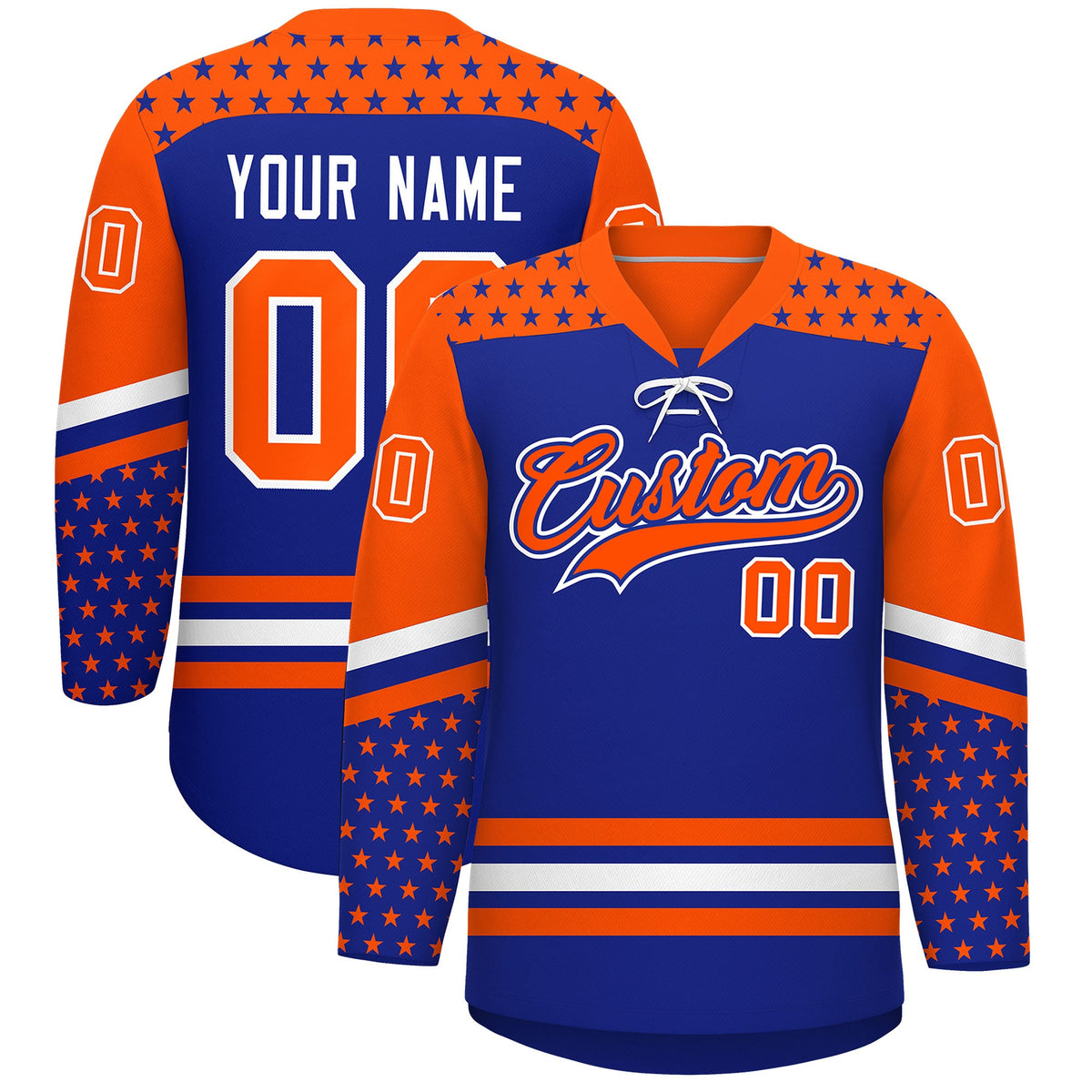 Custom Royal Blue Orange White Star Series Personalization Lace-Up Neck Hockey Jersey| KXKSHOP