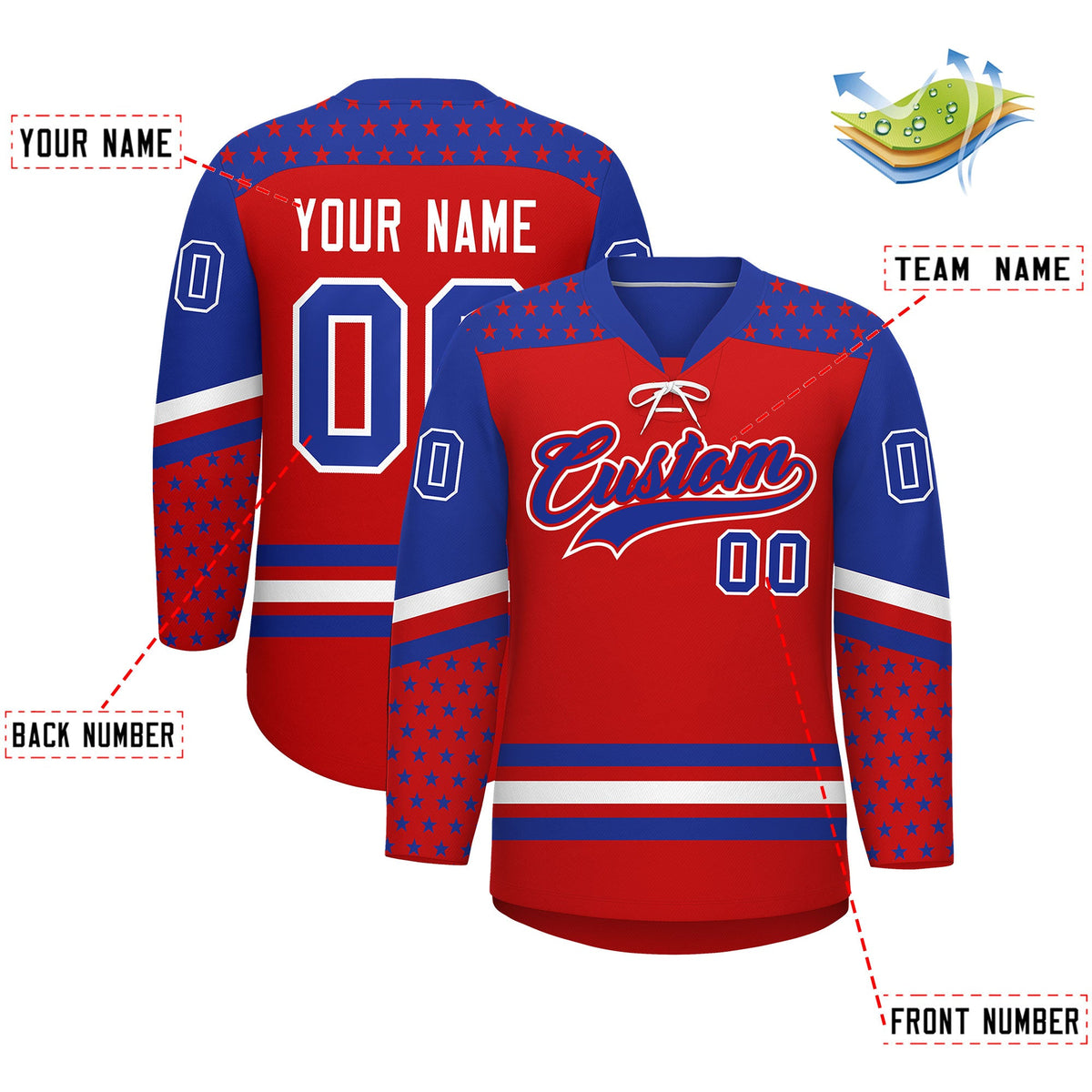 Custom Red Royal Blue White Star Series Personalization Lace-Up Neck Hockey Jersey| KXKSHOP