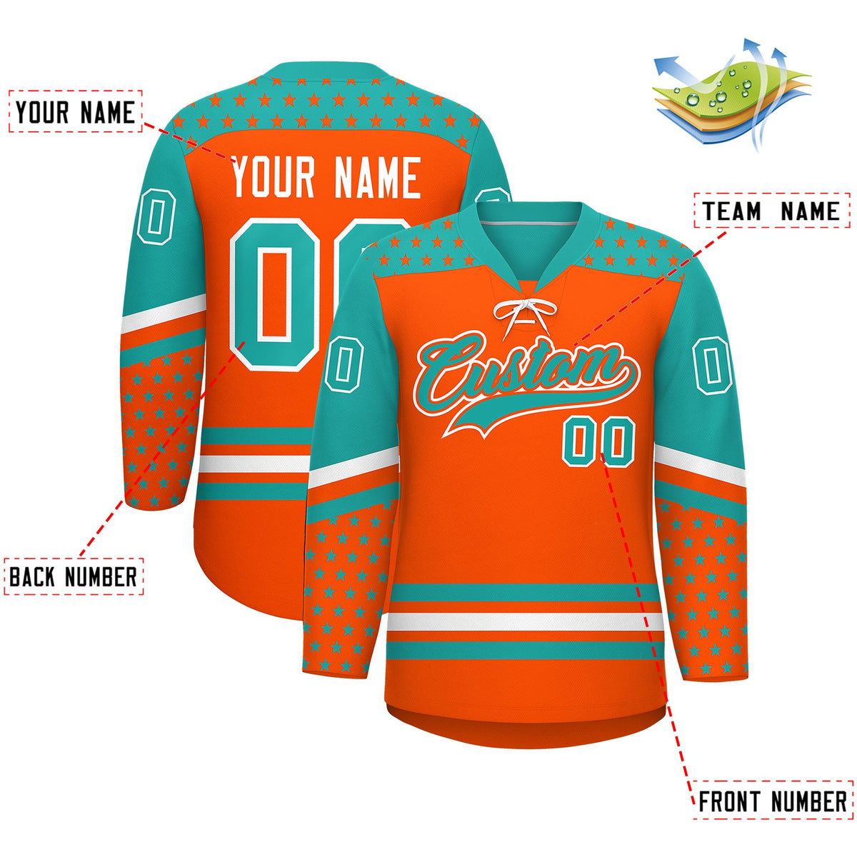 Custom Orange Aqua White Star Series Personalization Lace-Up Neck Hockey Jersey| KXKSHOP
