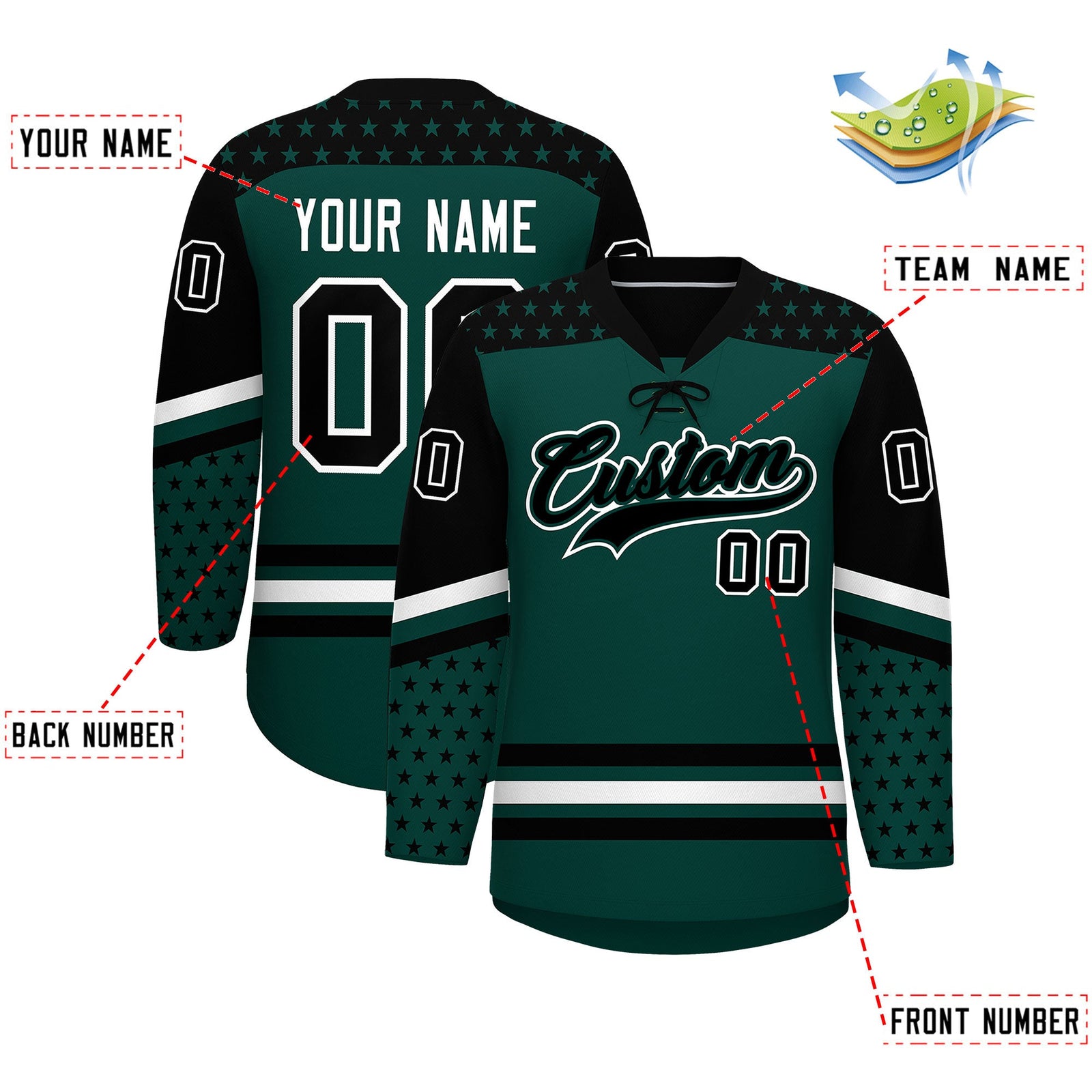 Custom Midnight Green Black White Star Series Personalization Lace-Up Neck Hockey Jersey| KXKSHOP