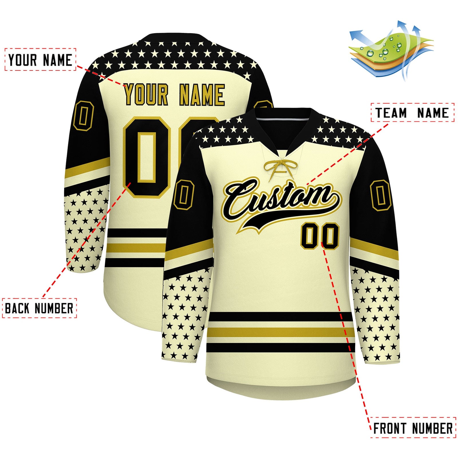 Custom Cream Black Old Gold Star Series Personalization Lace-Up Neck Hockey Jersey| KXKSHOP