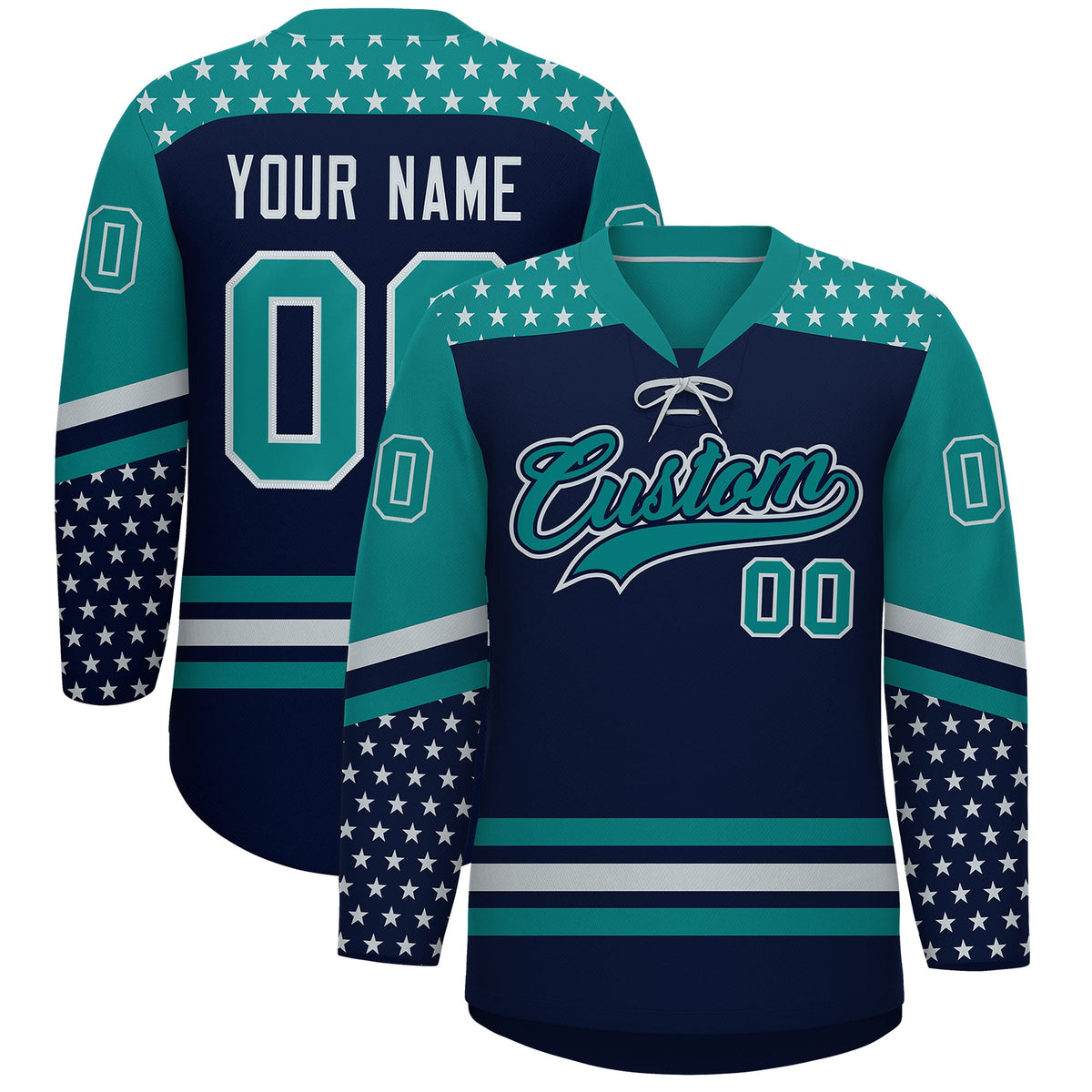Custom Navy Teal Silver Star Series Personalization Lace-Up Neck Hockey Jersey| KXKSHOP