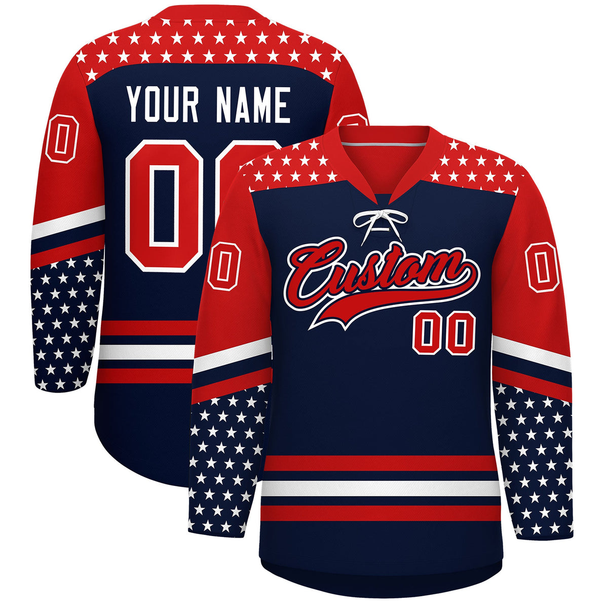 Custom Navy Red White Star Series Personalization Lace-Up Neck Hockey Jersey| KXKSHOP