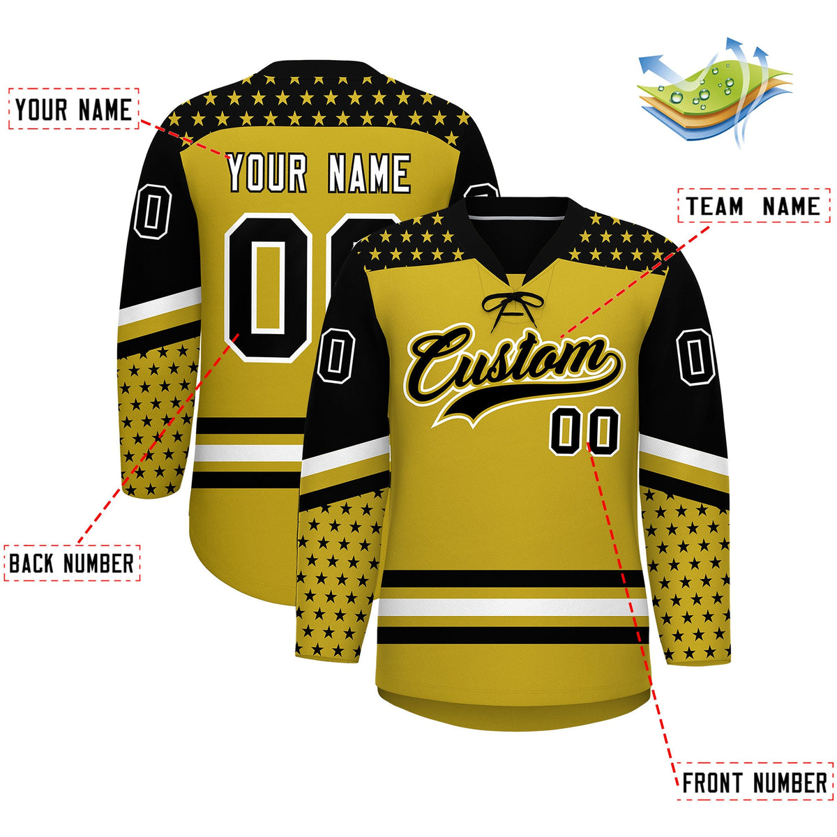 Custom Old Gold Black White Star Series Personalization Lace-Up Neck Hockey Jersey| KXKSHOP