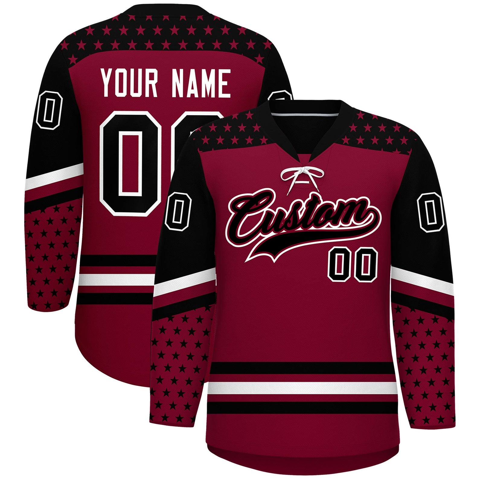 Custom Crimson Black White Star Series Personalization Lace-Up Neck Hockey Jersey| KXKSHOP