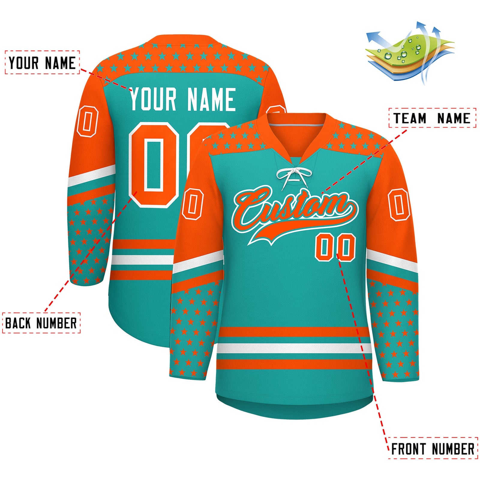 Custom Aqua Orange White Star Series Personalization Lace-Up Neck Hockey Jersey| KXKSHOP
