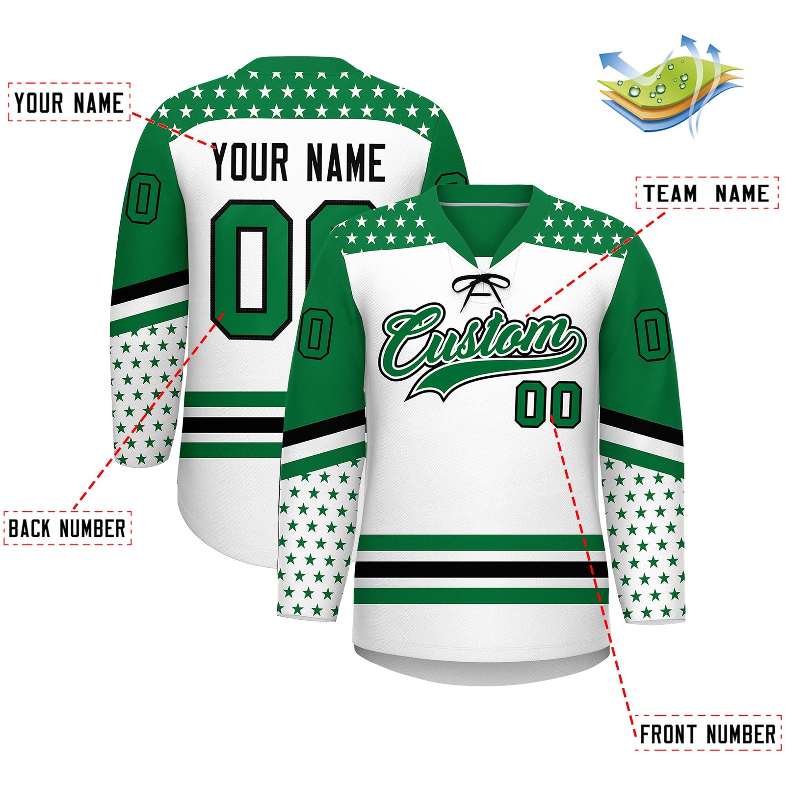 Custom White Kelly Green Black Star Series Personalization Lace-Up Neck Hockey Jersey| KXKSHOP