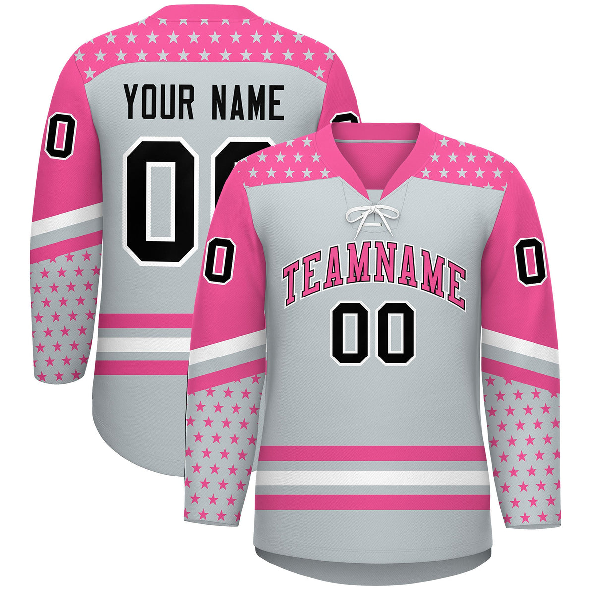 Custom Silver Pink White Star Series Personalization Lace-Up Neck Hockey Jersey| KXKSHOP