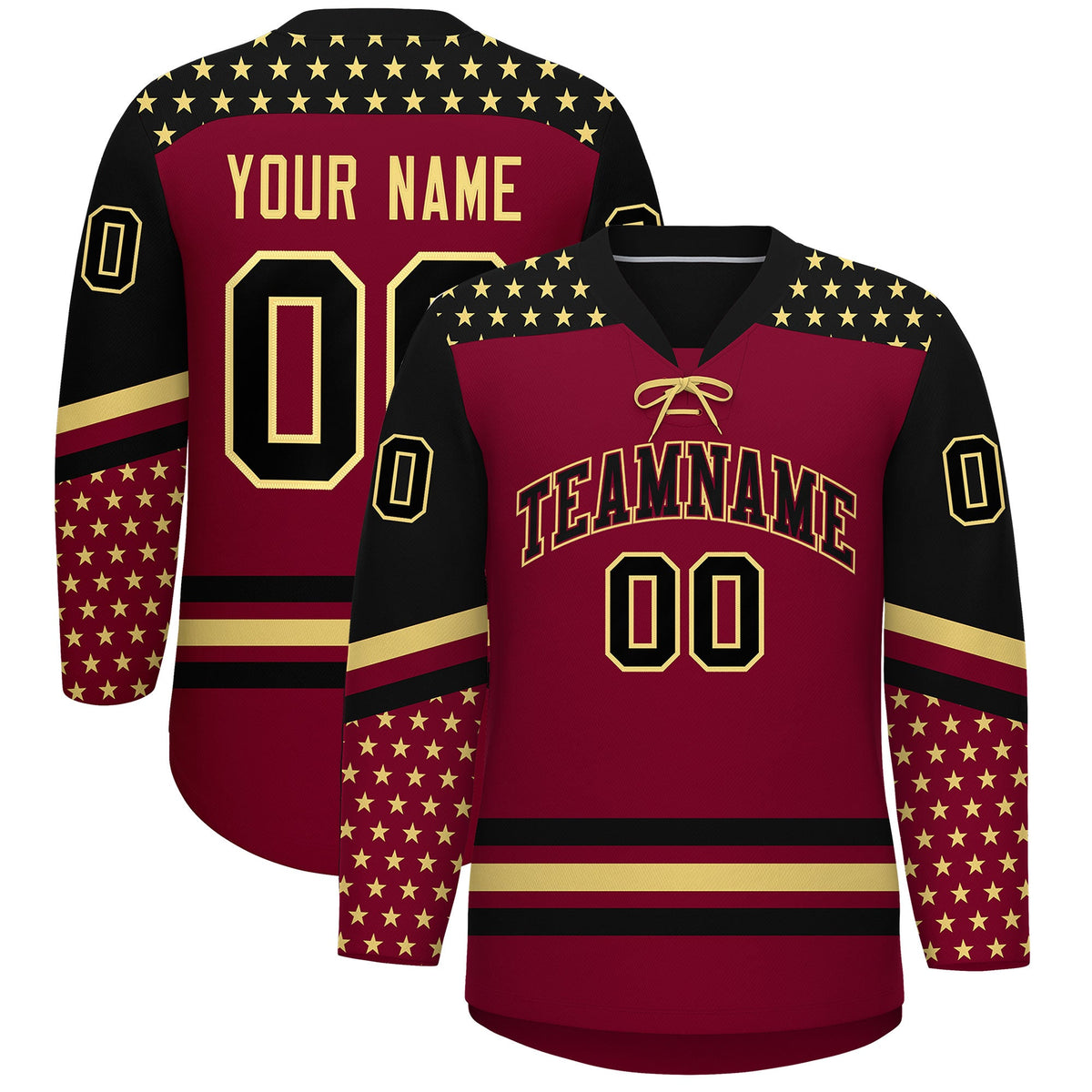 Custom Crimson Black Khaki Star Series Personalization Lace-Up Neck Hockey Jersey| KXKSHOP