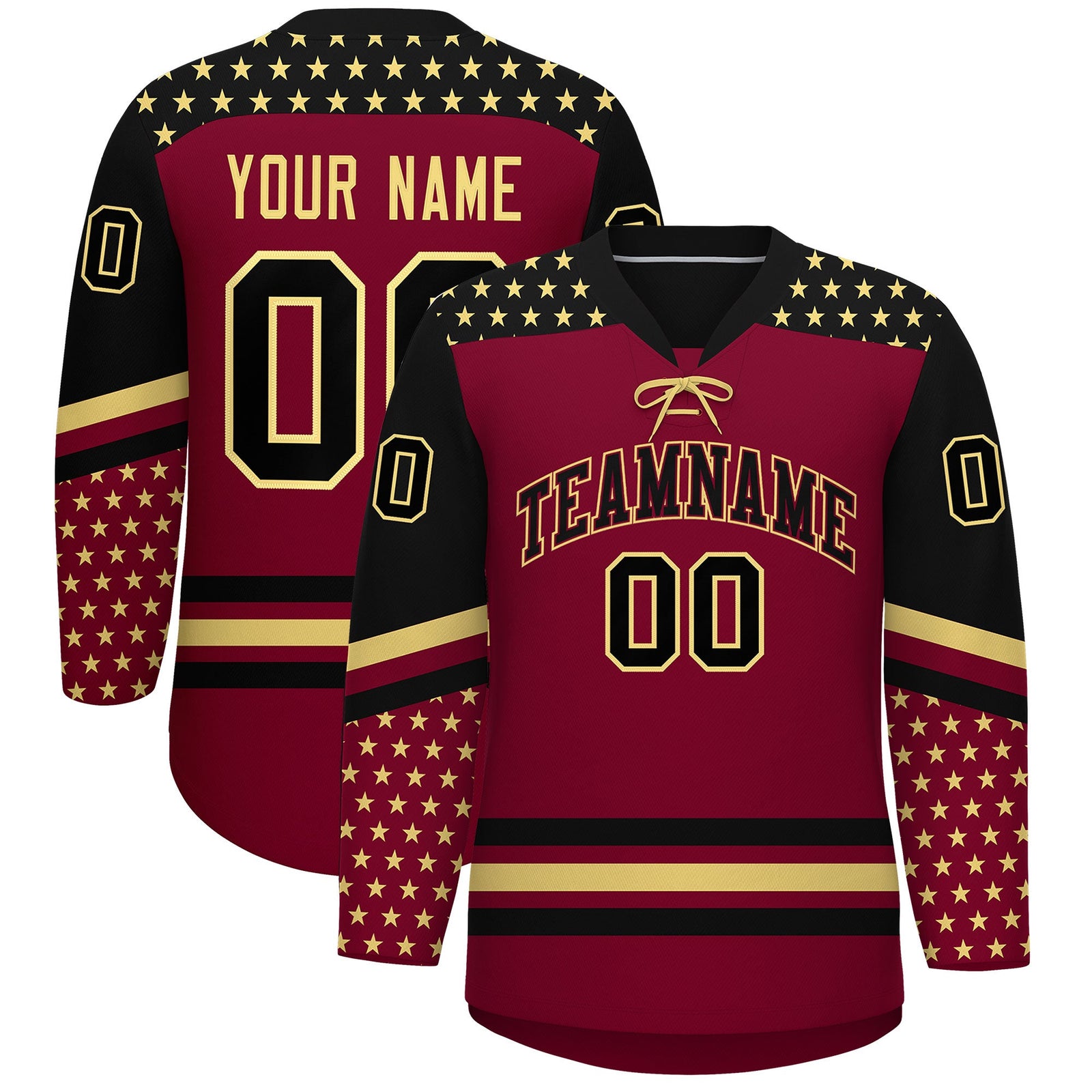 Custom Crimson Black Khaki Star Series Personalization Lace-Up Neck Hockey Jersey| KXKSHOP