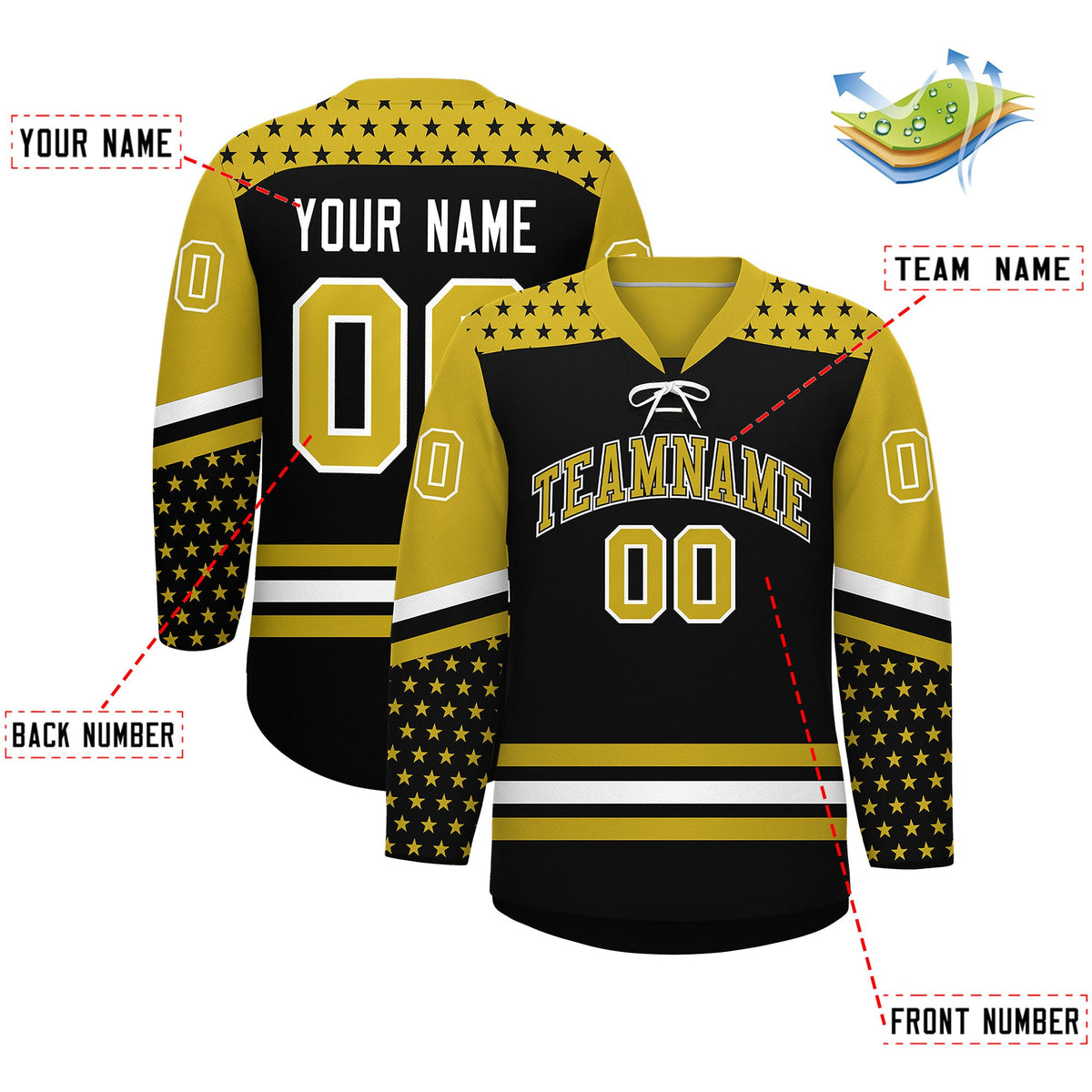 Custom Black Old Gold White Star Series Personalization Lace-Up Neck Hockey Jersey| KXKSHOP