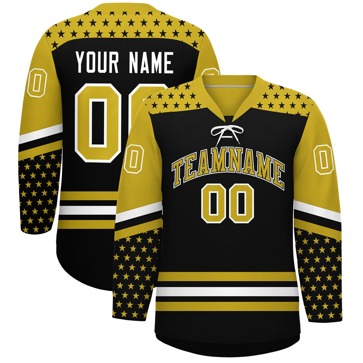 Custom Black Old Gold White Star Series Personalization Lace-Up Neck Hockey Jersey| KXKSHOP