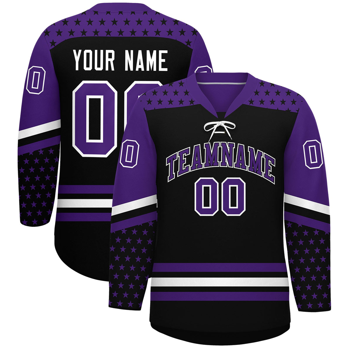 Custom Black Purple White Star Series Personalization Lace-Up Neck Hockey Jersey| KXKSHOP