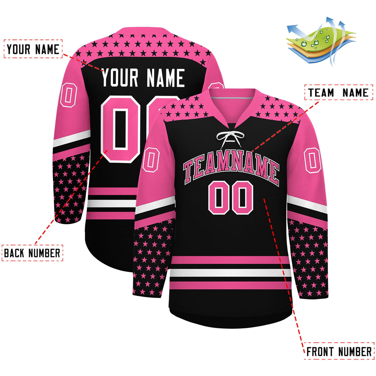 Custom Black Pink White Star Series Personalization Lace-Up Neck Hockey Jersey| KXKSHOP