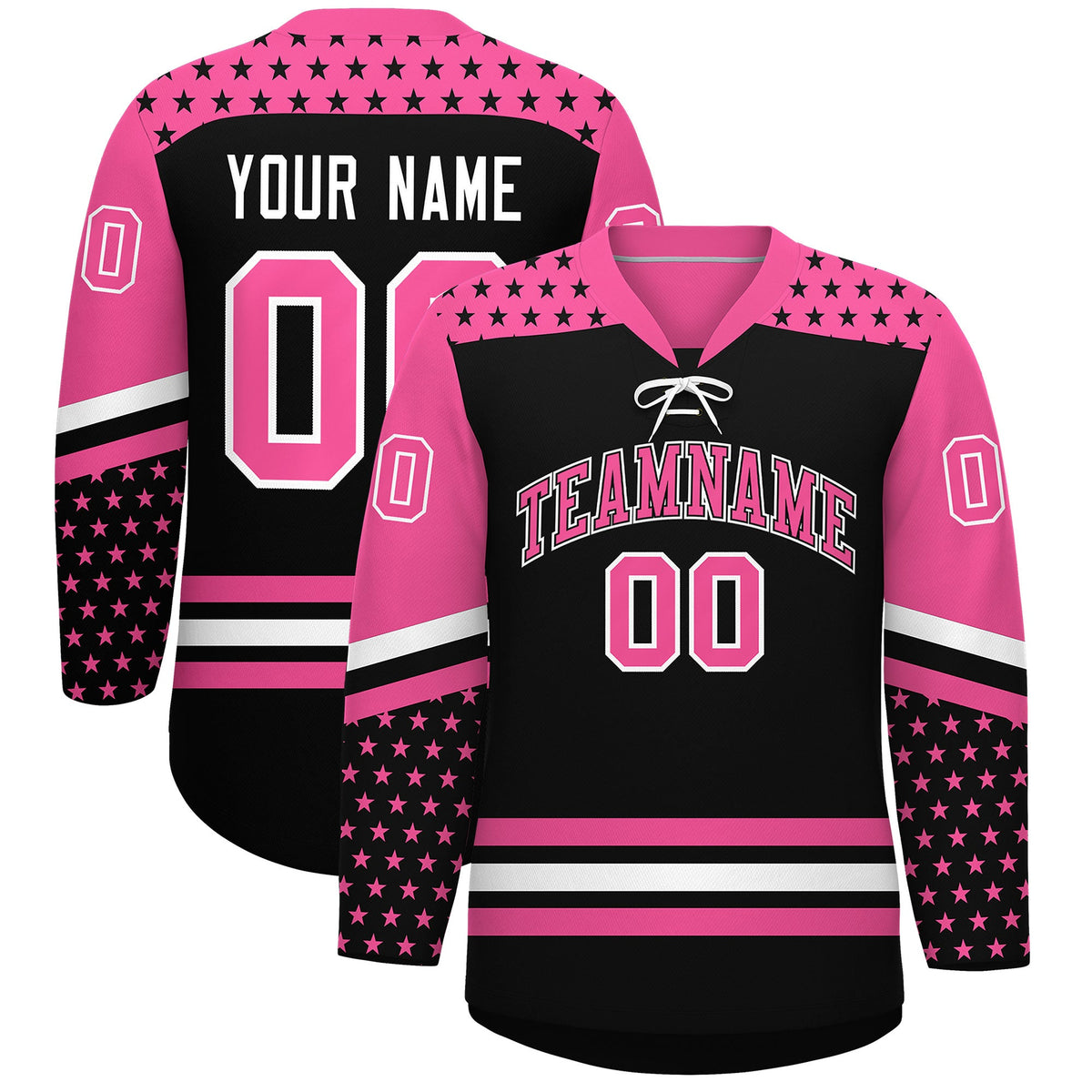 Custom Black Pink White Star Series Personalization Lace-Up Neck Hockey Jersey| KXKSHOP
