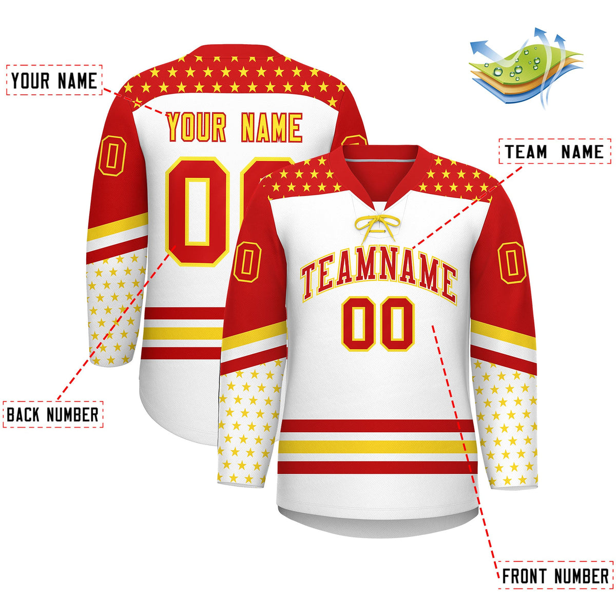 Custom White Red Gold Star Series Personalization Lace-Up Neck Hockey Jersey| KXKSHOP