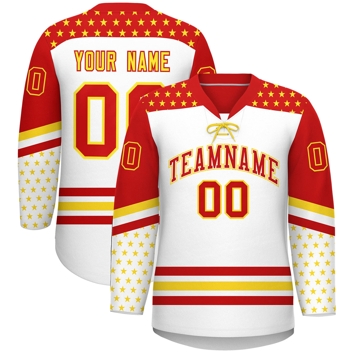 Custom White Red Gold Star Series Personalization Lace-Up Neck Hockey Jersey| KXKSHOP