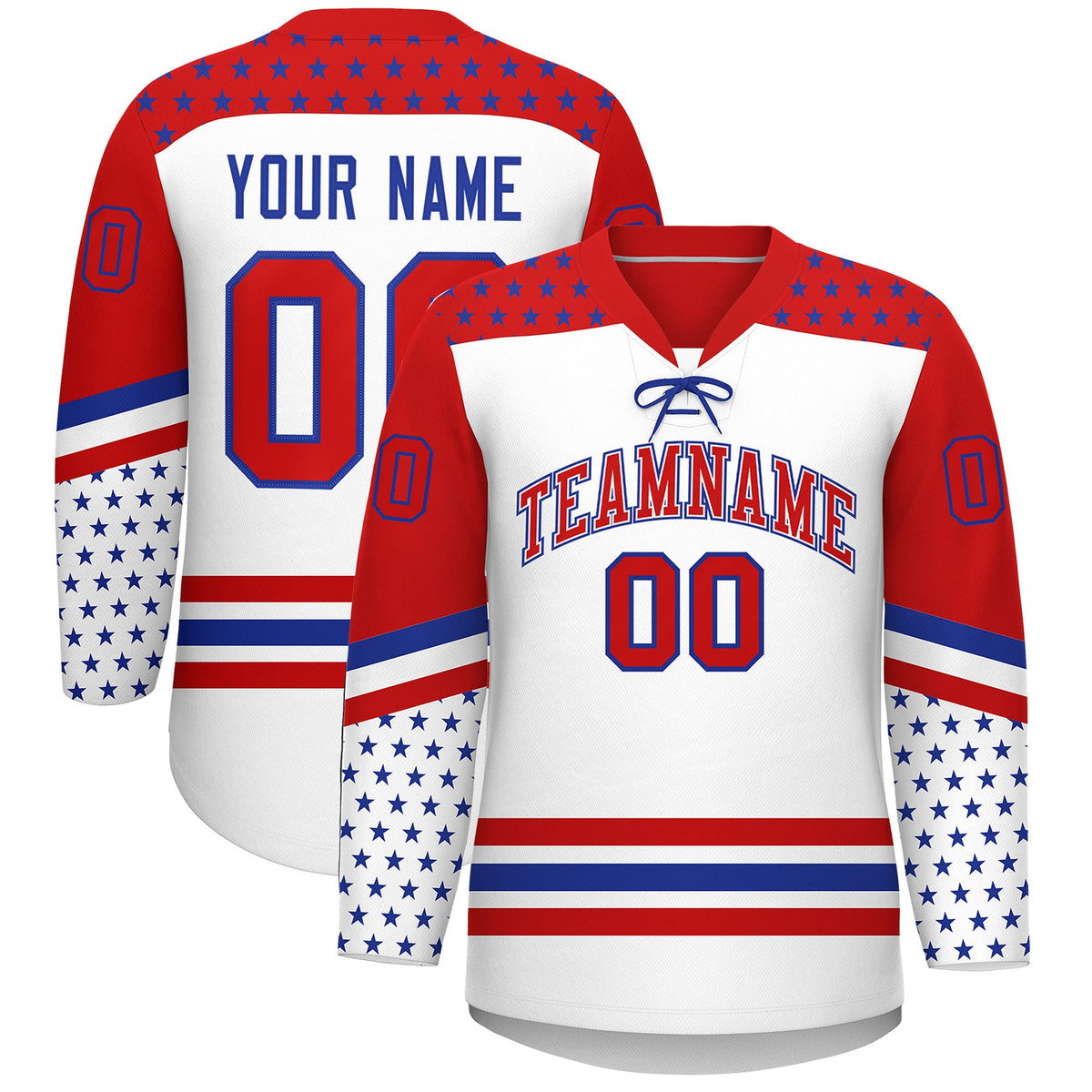 Custom White Red Royal Blue Star Series Personalization Lace-Up Neck Hockey Jersey| KXKSHOP