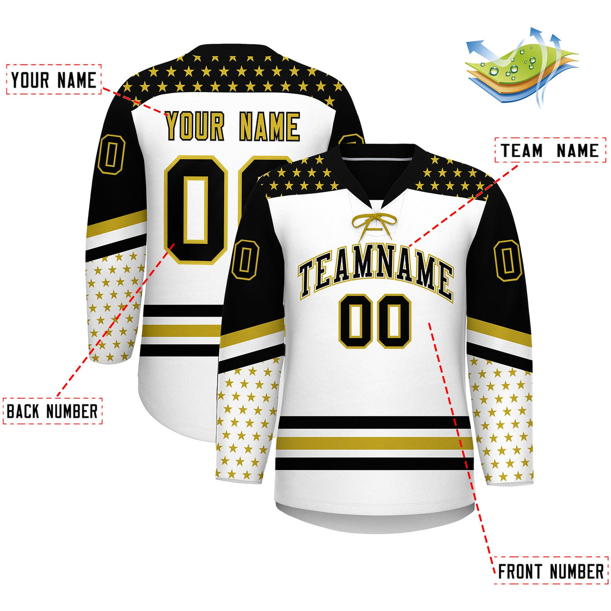 Custom White Black Old Gold Star Series Personalization Lace-Up Neck Hockey Jersey| KXKSHOP