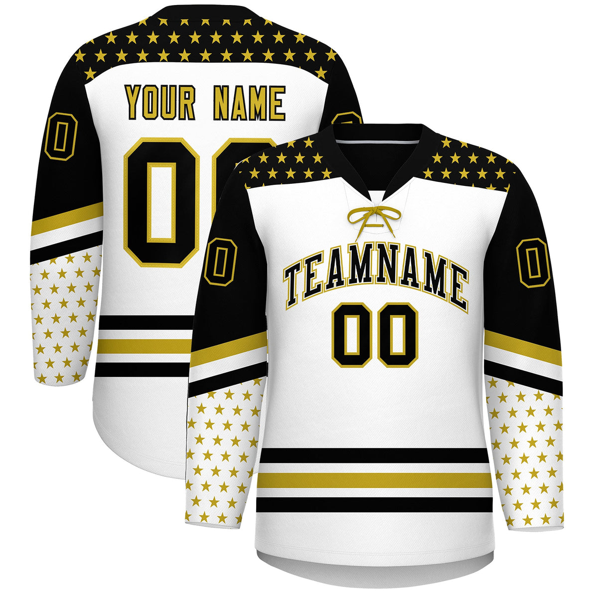 Custom White Black Old Gold Star Series Personalization Lace-Up Neck Hockey Jersey| KXKSHOP