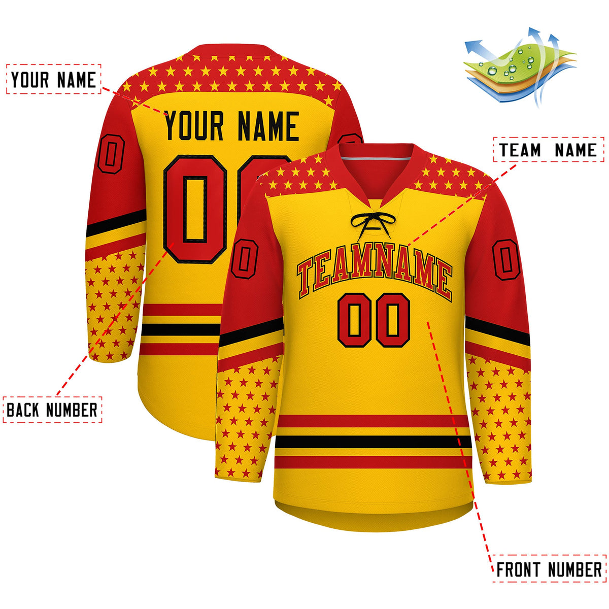 Custom Gold Red Black Star Series Personalization Lace-Up Neck Hockey Jersey| KXKSHOP