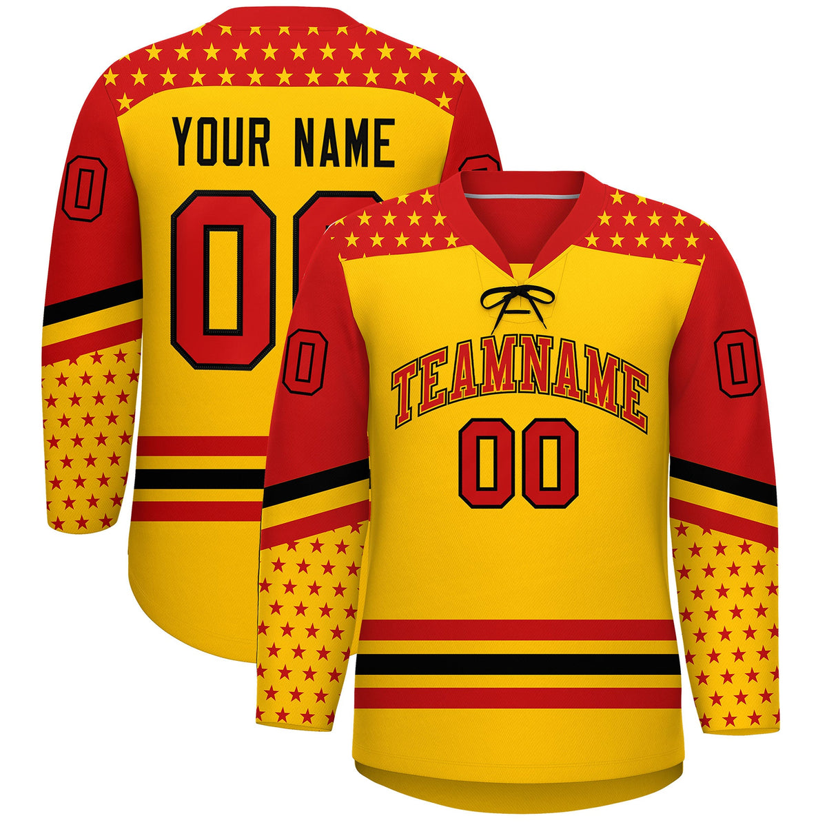 Custom Gold Red Black Star Series Personalization Lace-Up Neck Hockey Jersey| KXKSHOP