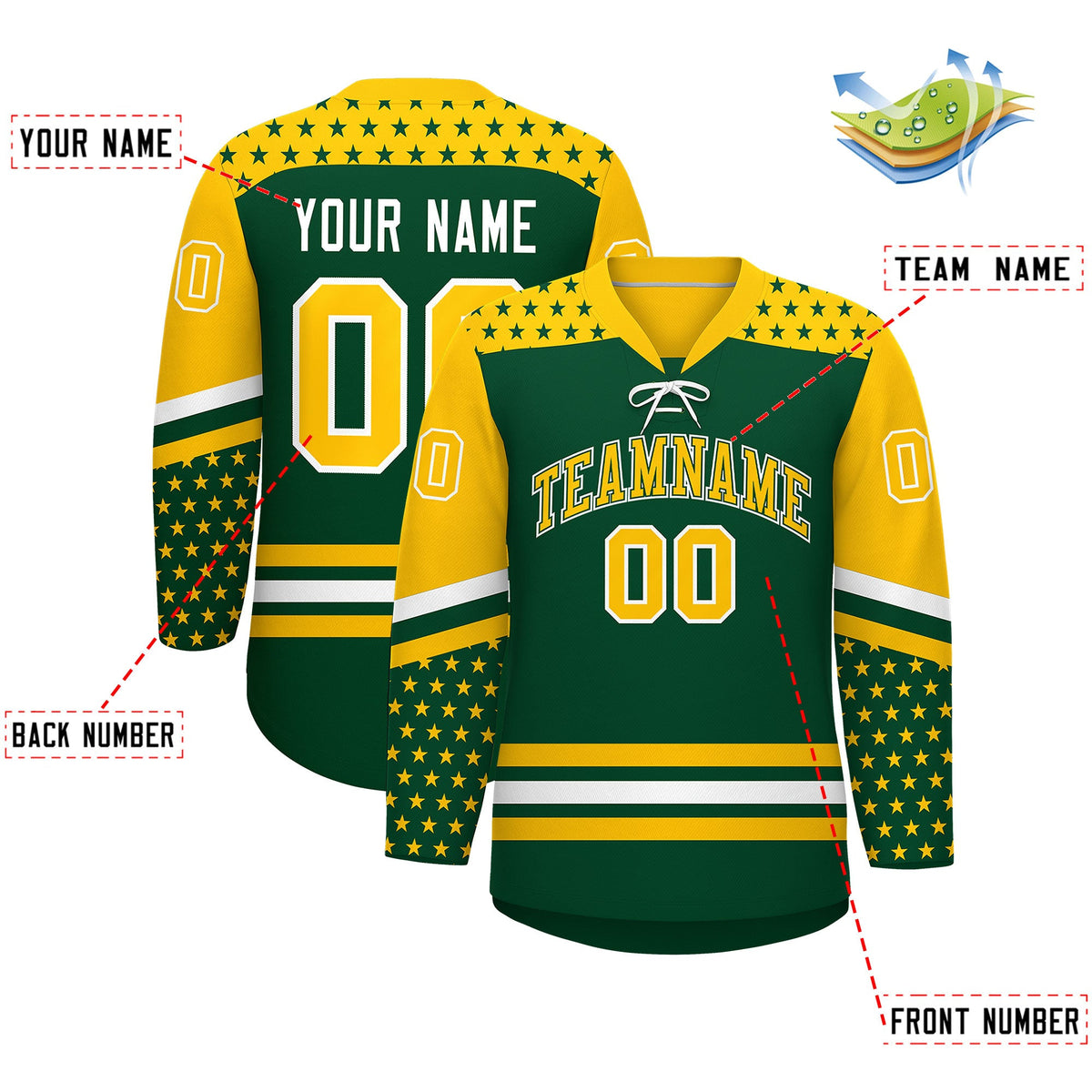 Custom Green Gold White Star Series Personalization Lace-Up Neck Hockey Jersey| KXKSHOP