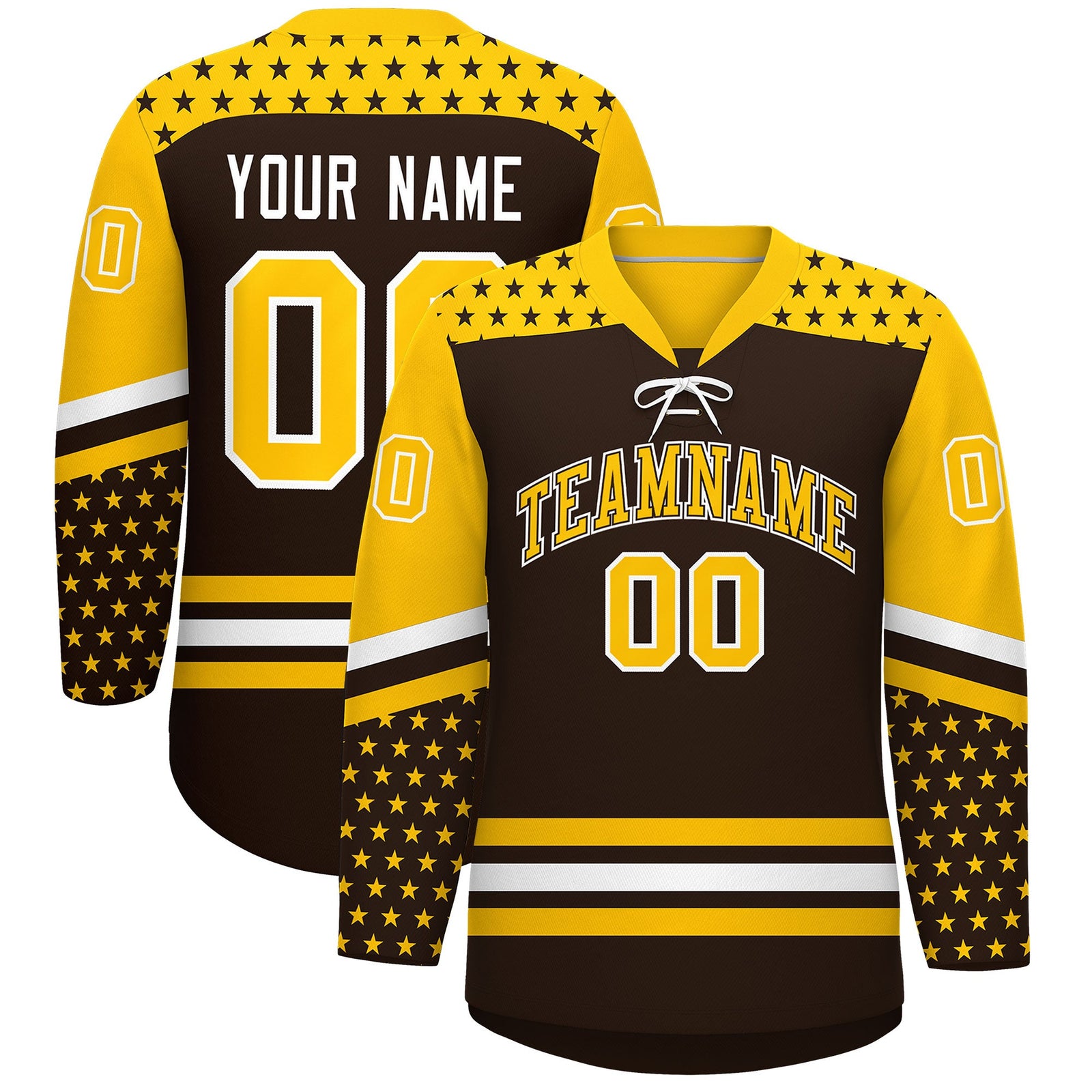 Custom Brown Gold White Star Series Personalization Lace-Up Neck Hockey Jersey| KXKSHOP
