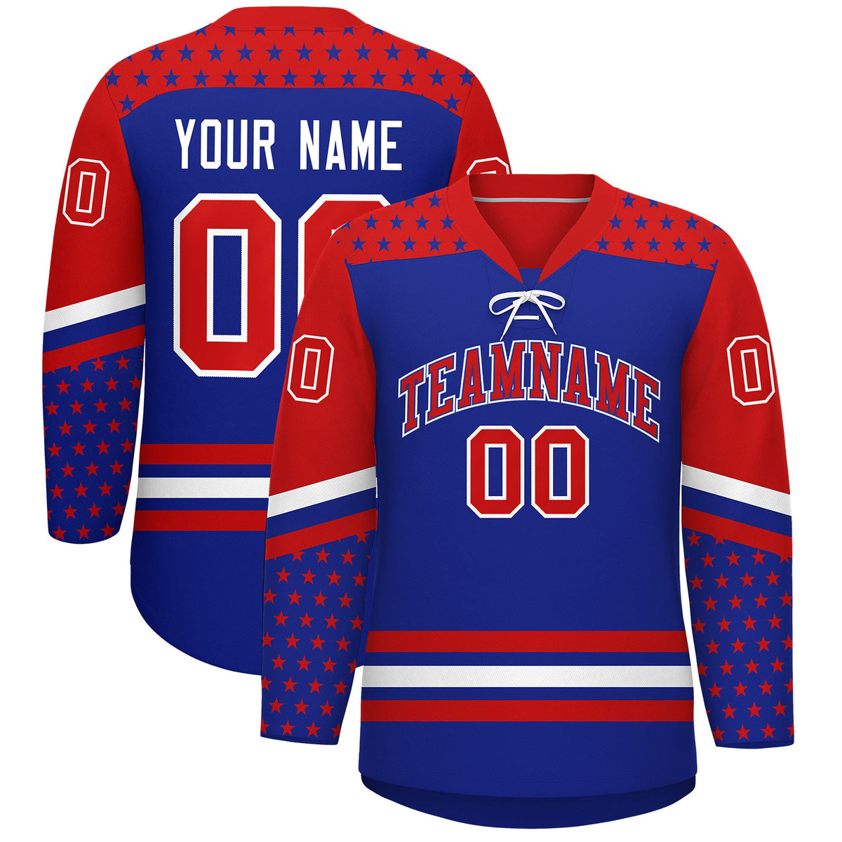 Custom Royal Blue Red White Star Series Personalization Lace-Up Neck Hockey Jersey| KXKSHOP