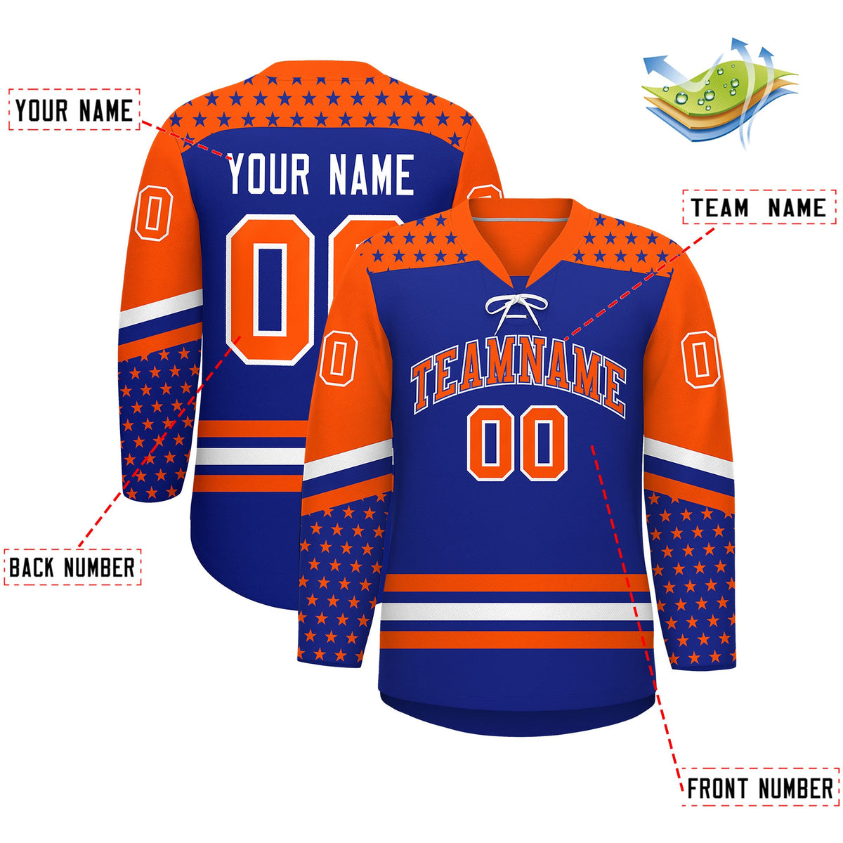 Custom Royal Blue Orange White Star Series Personalization Lace-Up Neck Hockey Jersey| KXKSHOP