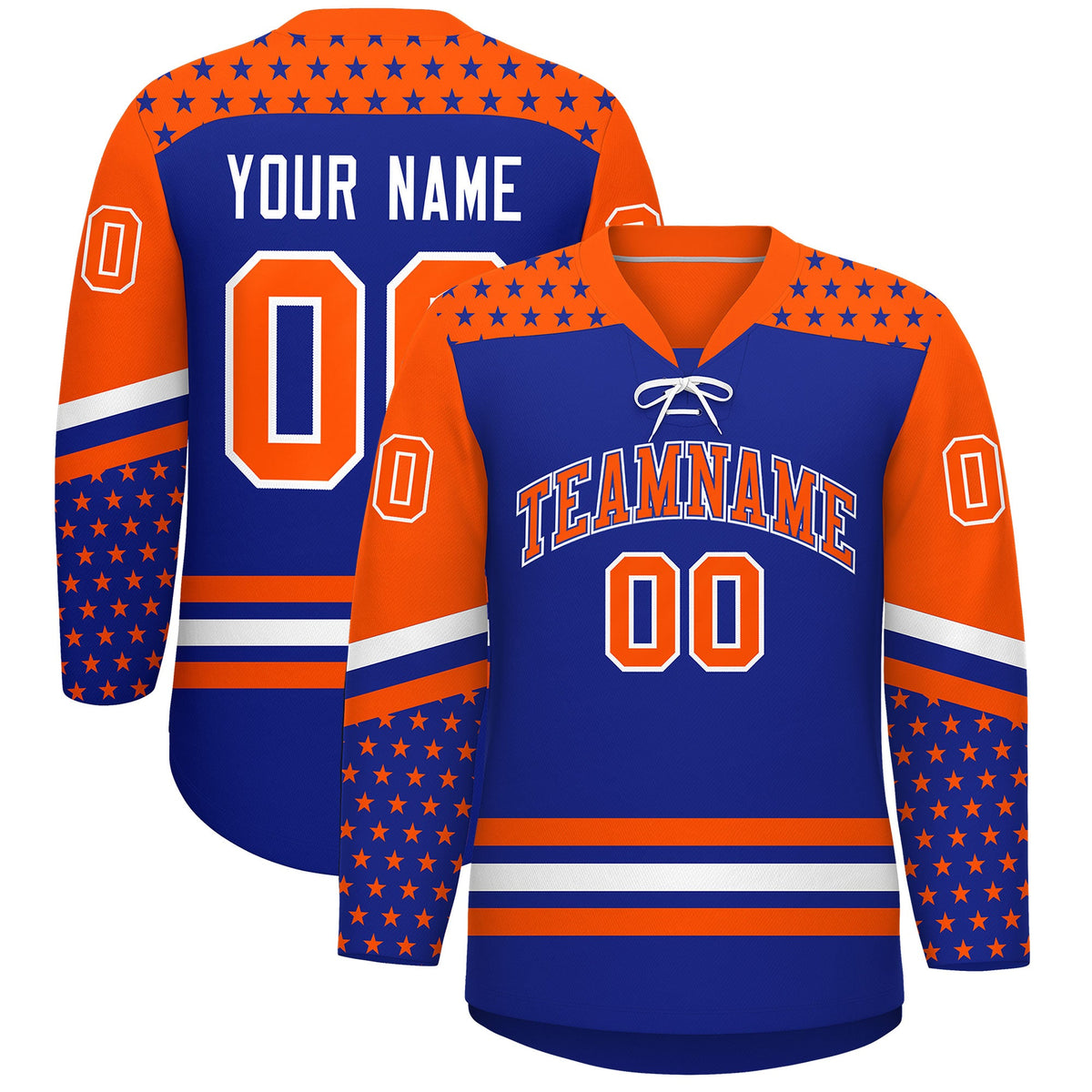 Custom Royal Blue Orange White Star Series Personalization Lace-Up Neck Hockey Jersey| KXKSHOP