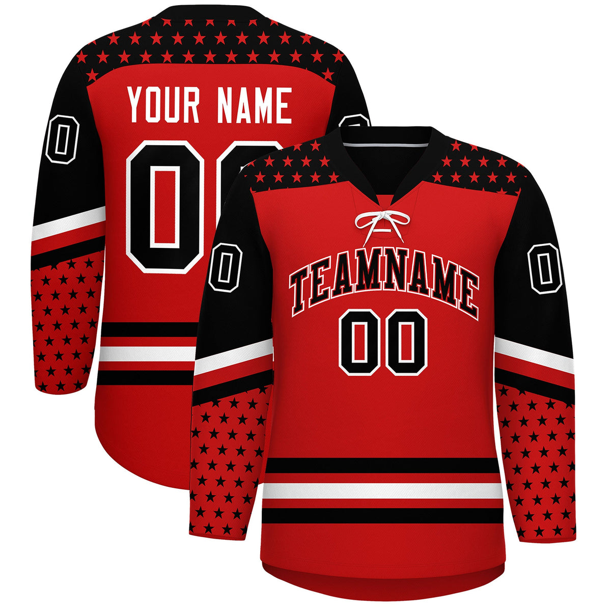 Custom Red Black White Star Series Personalization Lace-Up Neck Hockey Jersey| KXKSHOP